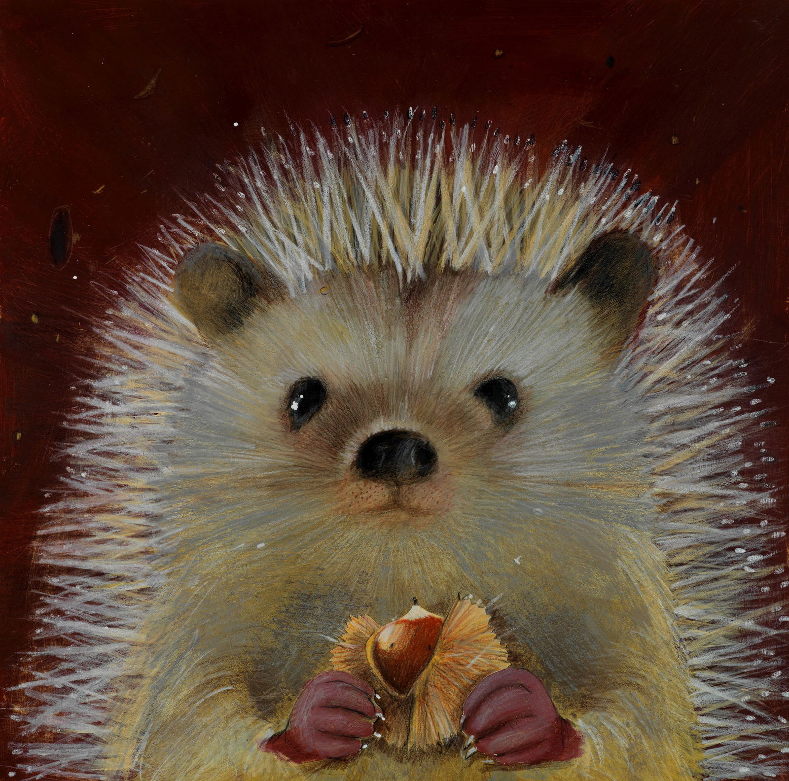 Pareschi Daniela - "Riccio", 2016: Pareschi Daniela - "Riccio", 2016 ITA arilici e pastelli su cartoncino, 31 x 31 cm Illustrazione originale realizzata dalla Pareschi per il mese di Ottobre del calendario Città del Sole