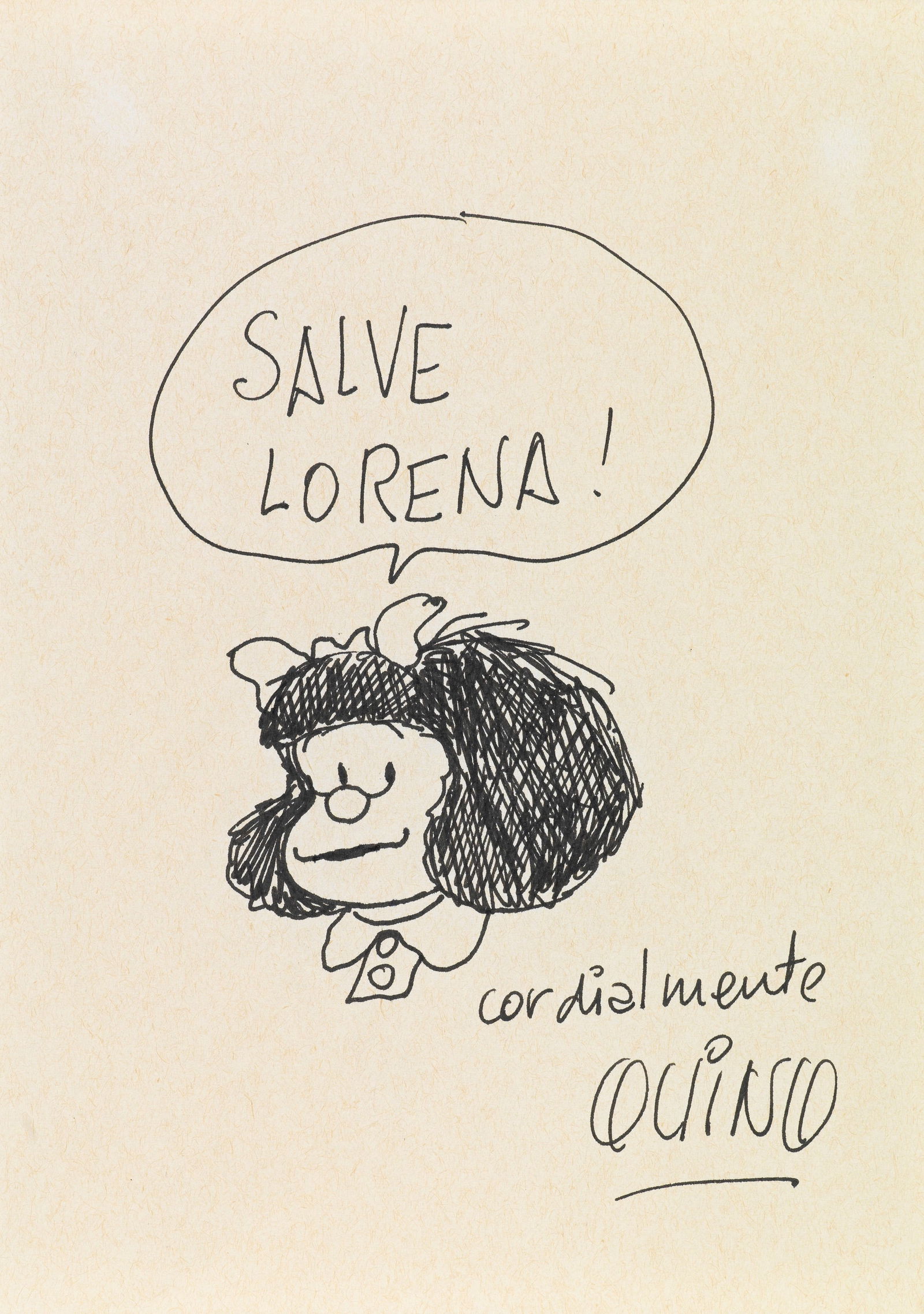 Quino (Joaquín Lavado) - "Mafalda", anni ‘80: Quino (Joaquín Lavado) - "Mafalda", anni ‘80 ITA china su carta, 12 x 16,5 cm Disegno originale realizzato da Quino durante gli anni ‘80. Firmato e