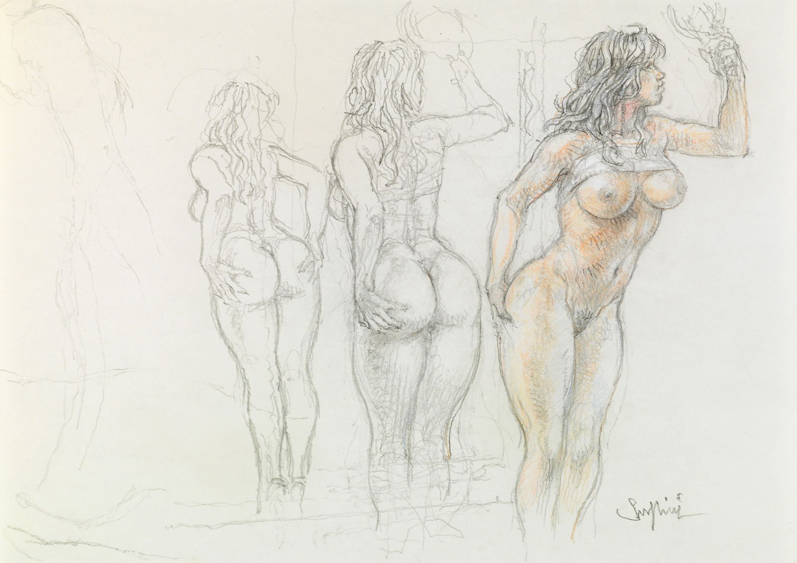 Serpieri Paolo Eleuteri - "Druuna allo specchio", anni 2000: Serpieri Paolo Eleuteri - "Druuna allo specchio", anni 2000 ITA matita e pastelli su carta, 29,5 x 21 cm Disegno preliminare realizzato da Serpieri nei primi anni 2000.