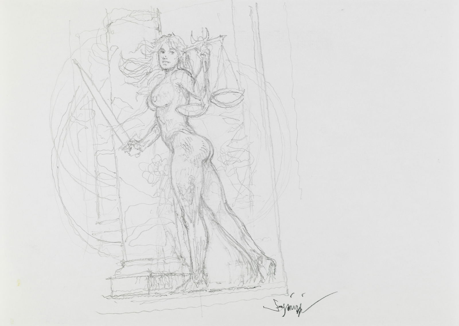 Serpieri Paolo Eleuteri - "Tarocchi - La Giustizia", 2022: Serpieri Paolo Eleuteri - "Tarocchi - La Giustizia", 2022 ITA matita su carta, 29,5 x 21 cm Disegno preliminare realizzato da Serpieri per "La Giustizia", ottava carta degli arcani