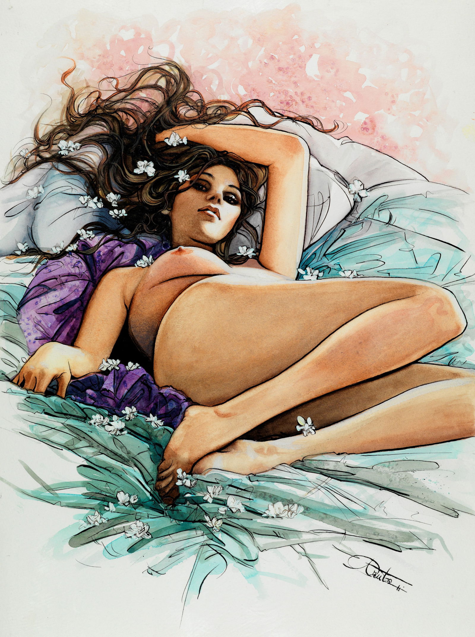 Sestayo Arantza - "Ophelia", 2011: Sestayo Arantza - "Ophelia", 2011 ITA china, acquerello e biacca su cartoncino, 32,5 x 44 cm Pin-up originale realizzata dall‘artista spagnola Arantza Sestayo nel 2011. Firmata e