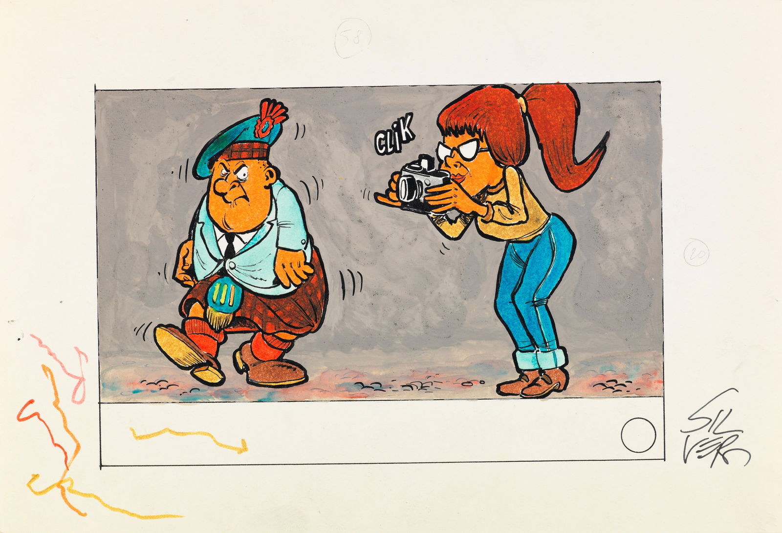 Silver (Guido Silvestri) - "Lo scozzese", anni ‘70: Silver (Guido Silvestri) - "Lo scozzese", anni ‘70 ITA china e tempera su cartoncino, 25,5 x 17 cm Disegno originale realizzato da Silver durante gli anni ‘70 quando era