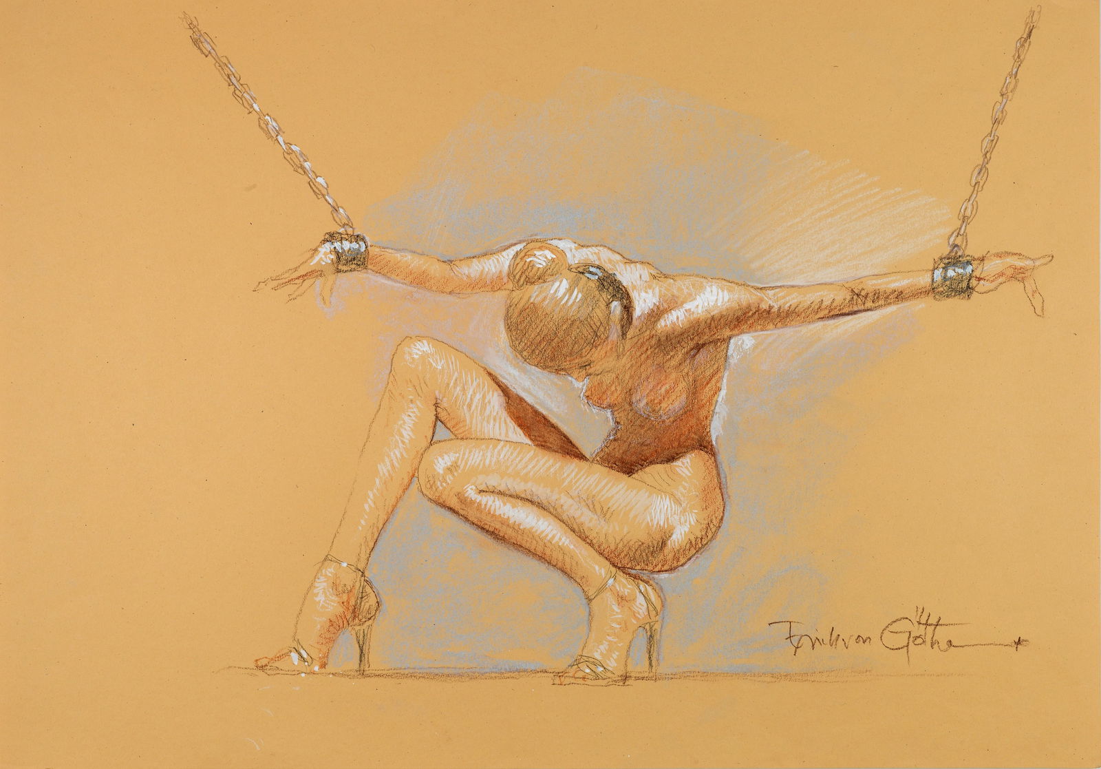 Von Gotha Eric - "Chained Girl", anni 2000: Von Gotha Eric - "Chained Girl", anni 2000 ITA pastelli, carboncino e biacca su cartoncino beige, 59,5 x 41,5 cm Illustrazione originale realizzata da Von Gotha esposta presso la mostra