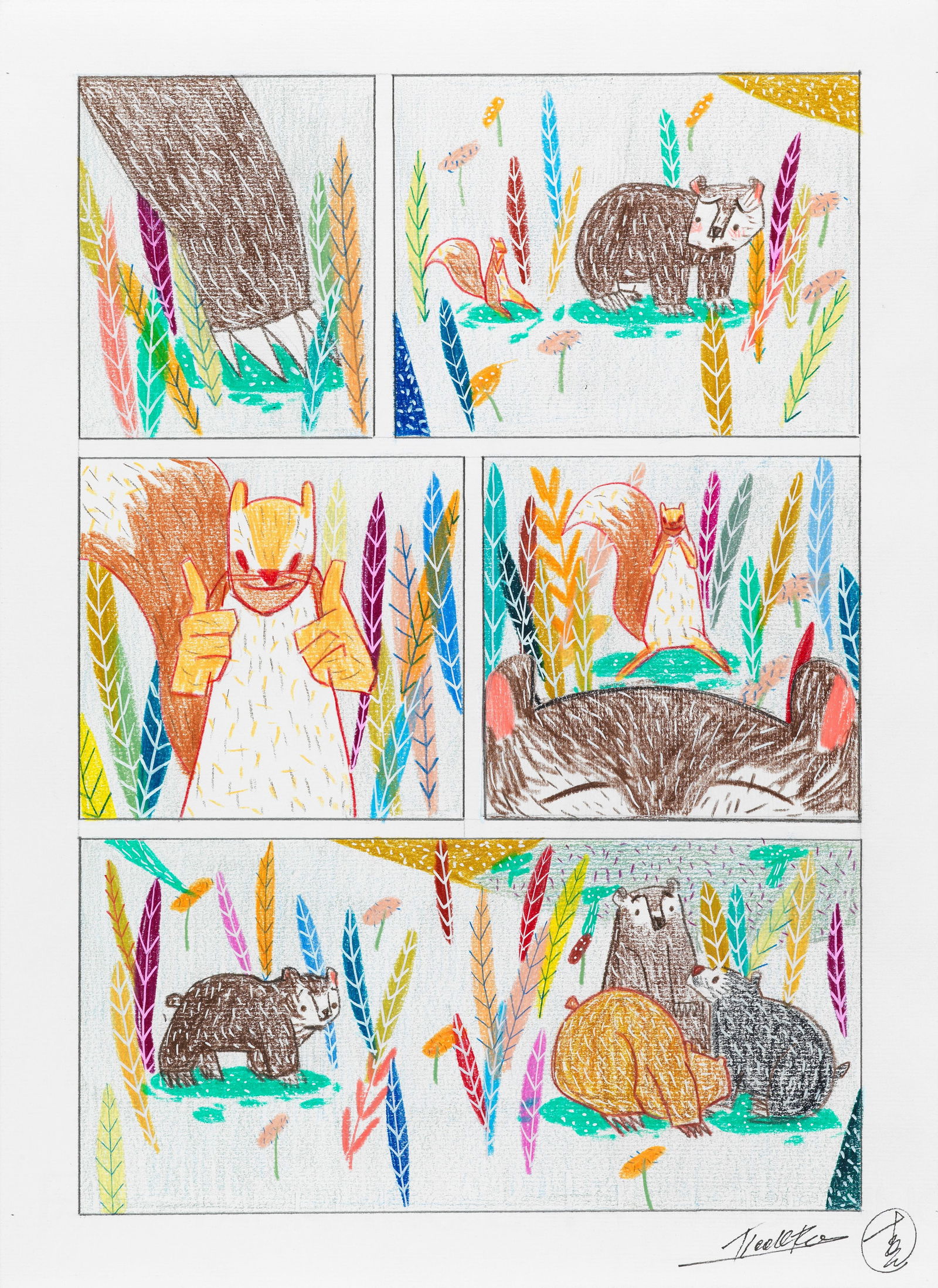 Isaak Friedl & Yi Yang - "Aiuto!", 2016: Isaak Friedl & Yi Yang - "Aiuto!", 2016 ITA pastelli su cartoncino, 24 x 33 cm Tavola originale realizzata dalla coppia Friedl e Yang per il volume "Aiuto!", edito da Bao