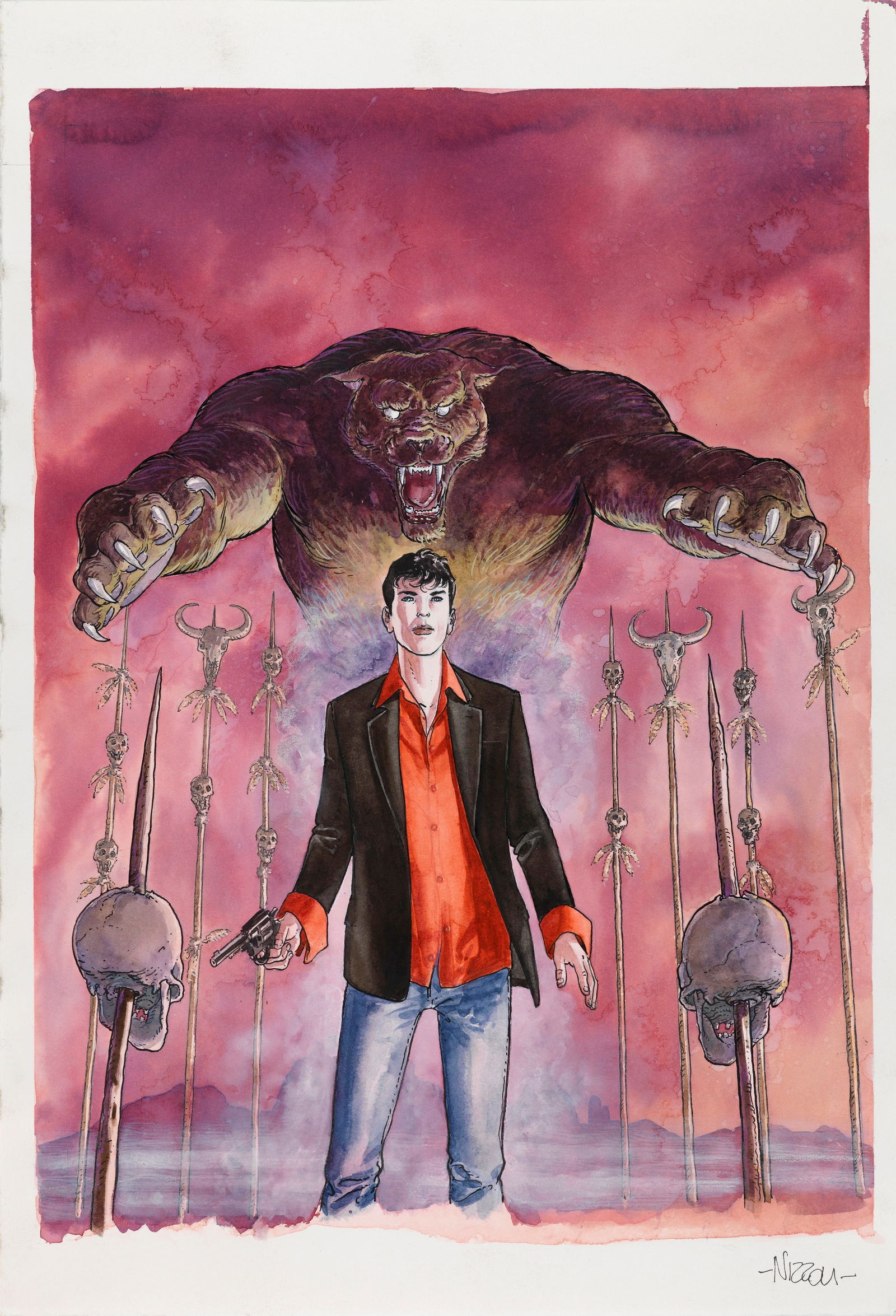 Nizzoli Marco - "Dylan Dog - Skinwalker", 2025: Nizzoli Marco - "Dylan Dog - Skinwalker", 2025 ITA china e acquerello su cartoncino, 33 x 48 cm Originale di copertina realizzato da Nizzoli per "Skinwalker", edito su Dylan Dog: OldB
