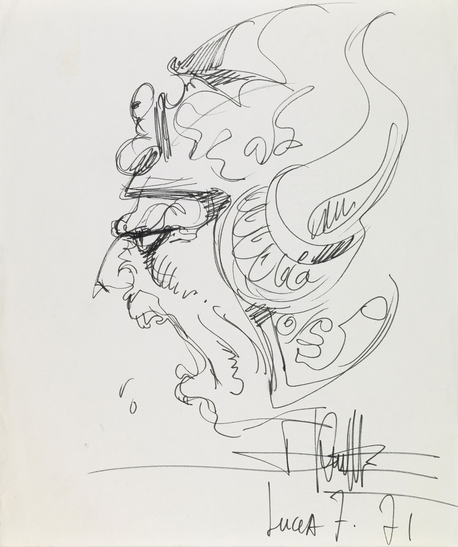 Druillet Philippe - "Guerrier", 1971: Druillet Philippe - "Guerrier", 1971 ITA china su carta21 x 26 cm Disegno originale realizzato da Druillet durante il Festival di Lucca Comics del 1971. Lievi pieghe ai margini. Firmato e dat