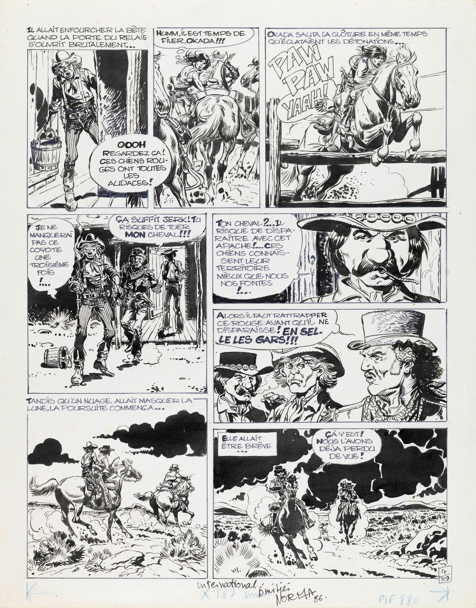 Norma (Norbert Morandière) - "Capitaine Apache - La trahison d‘Okada", 1986: Norma (Norbert Morandière) - "Capitaine Apache - La trahison d‘Okada", 1986 ITA matita e china su cartoncino32 x 41 cm Tavola originale realizzata da Norma per la pag. 4 di un̵