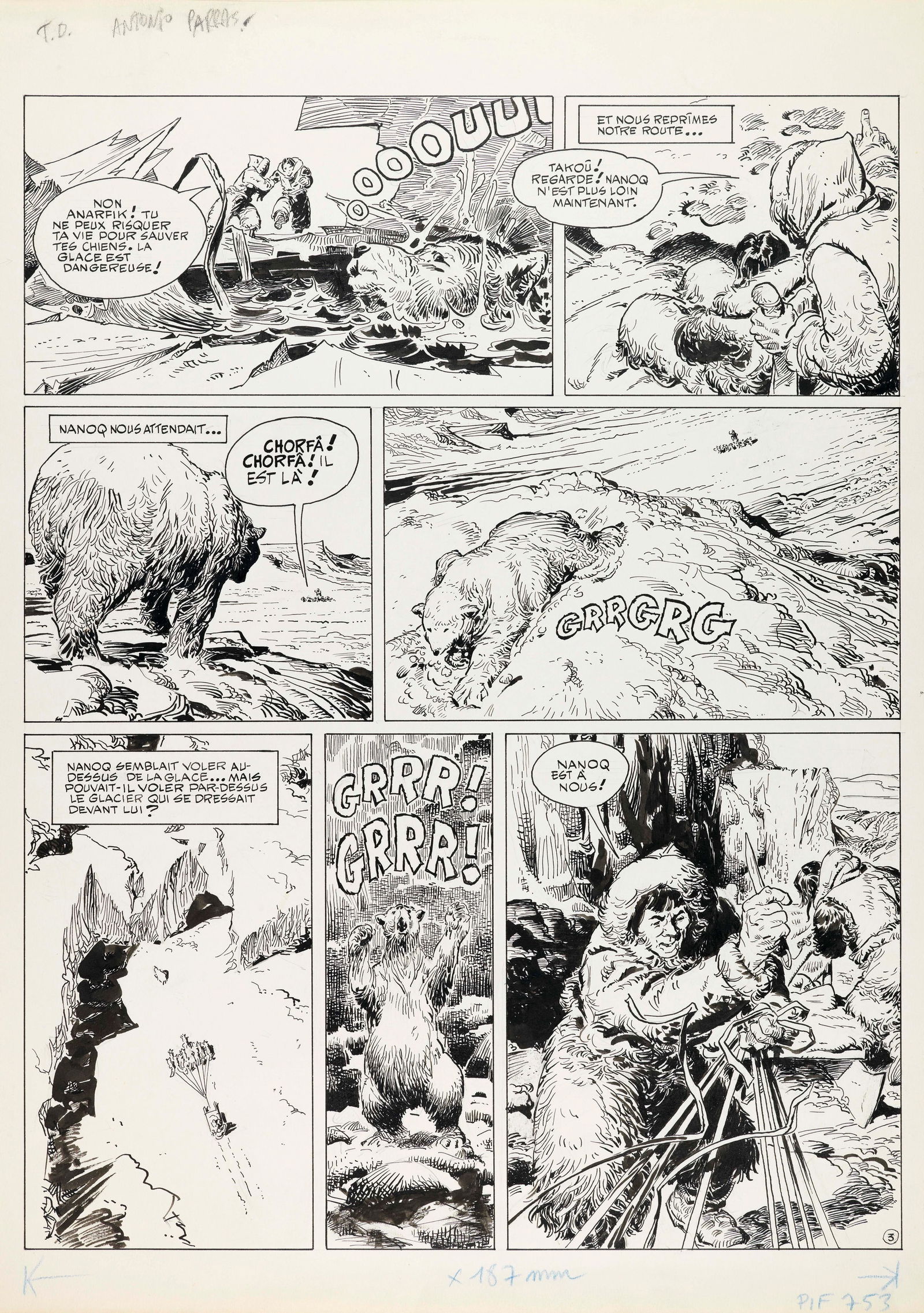 Parras Antonio - "Les fous des poles - Peary l‘obstiné", 1983: Parras Antonio - "Les fous des poles - Peary l‘obstiné", 1983 ITA matita e china su cartoncino37 x 52,5 cm Tavola originale realizzata da Parras per la pag. 3 della storia