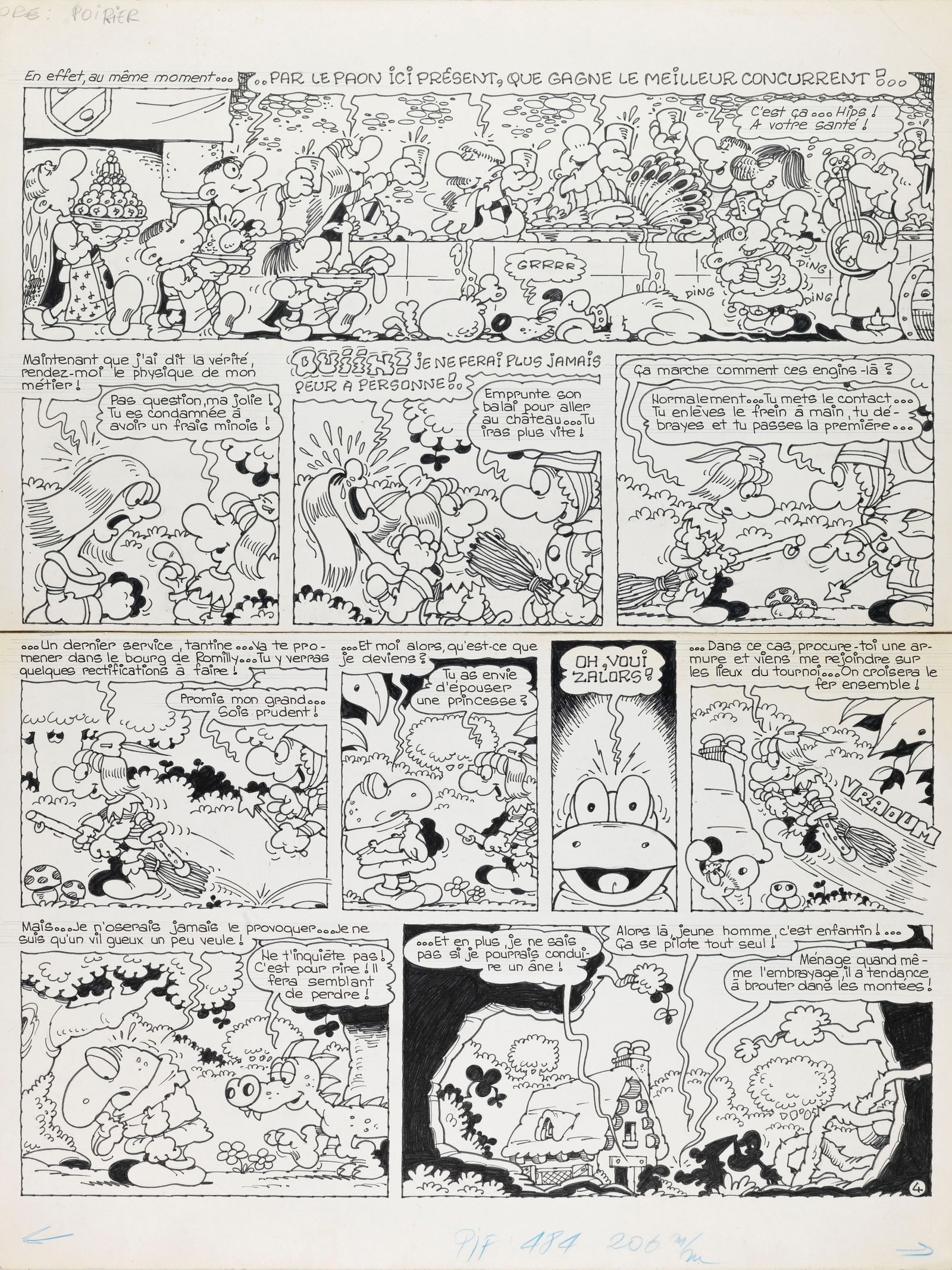 Poirier Jean-Claude - "Colinet et Dragono", 1978: Poirier Jean-Claude - "Colinet et Dragono", 1978 ITA matita e china su cartoncino39 x 52 cm Tavola originale realizzata da Poirier per la pag. 4 di un‘avventura di "Colinet et