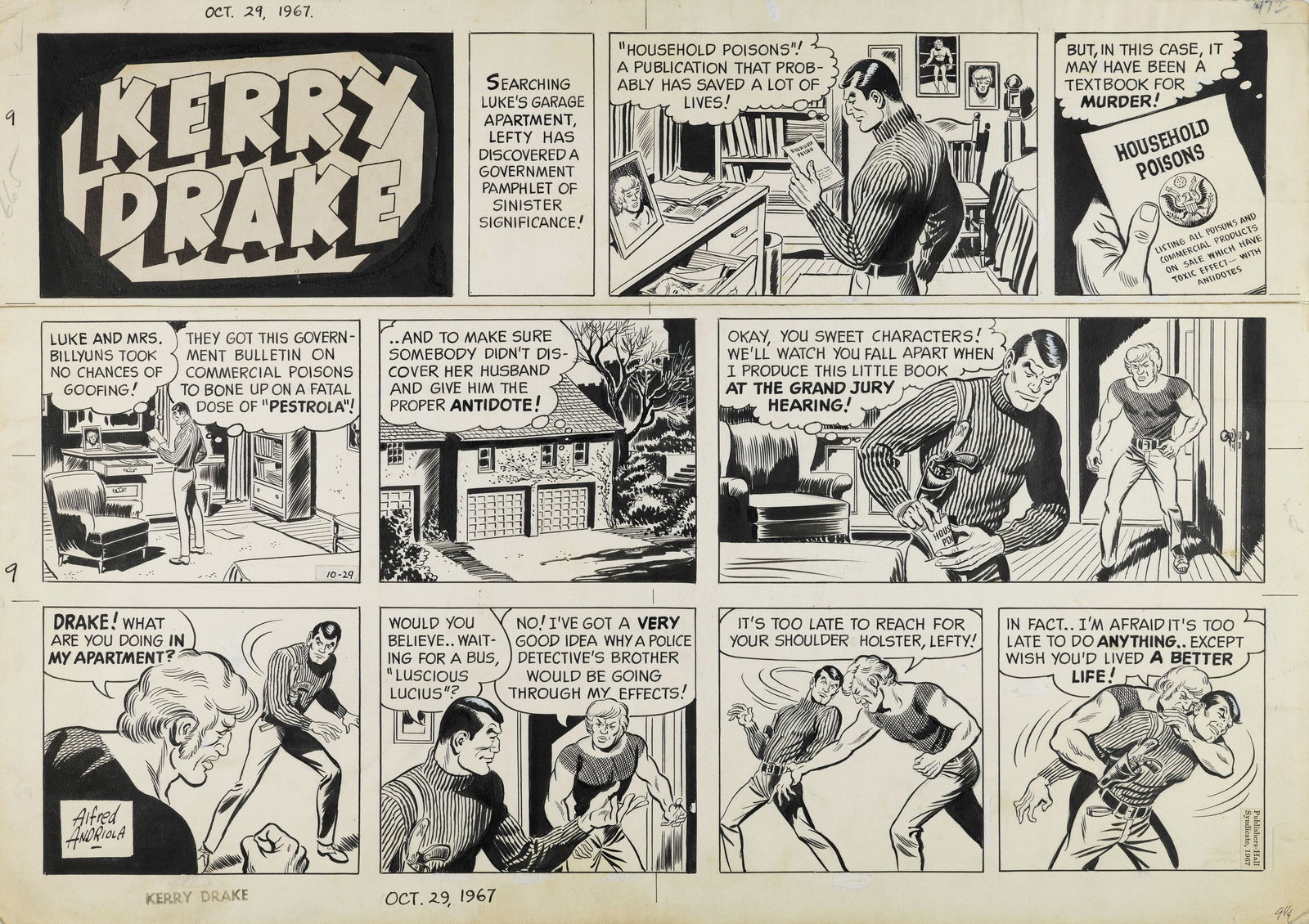Andriola Alfred - "Kerry Drake", 24774: Andriola Alfred - "Kerry Drake", 24774 ITA matita e china su cartoncino55,5 x 39,5 cm Tavola domenicale del 29/10/1967 per "Kerry Drake". Lievi pieghe agli angoli e tracce di