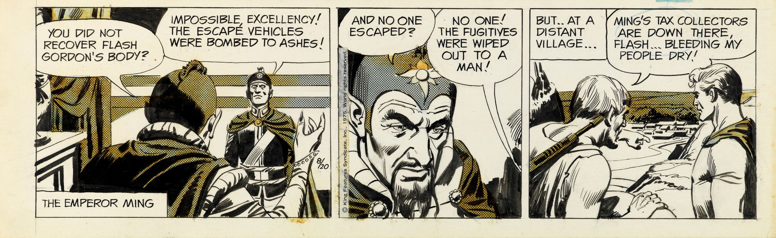 Dan Barry & Bob Fujitani - "Flash Gordon", 27626: Dan Barry & Bob Fujitani - "Flash Gordon", 27626 ITA matita, china e retino su cartoncino36,5 x 11,5 cm Striscia giornaliera del 20/08/1975 per "Flash