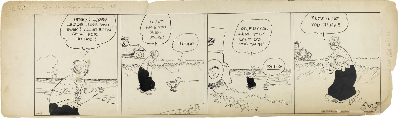 Berndt Walter - "Smitty", 12584: Berndt Walter - "Smitty", 12584 ITA matita e china su cartoncino58 x 17 cm Striscia giornaliera del 14/06/1934 per "Smitty". Mancanze e piccoli strappi ai margini. Firmata e