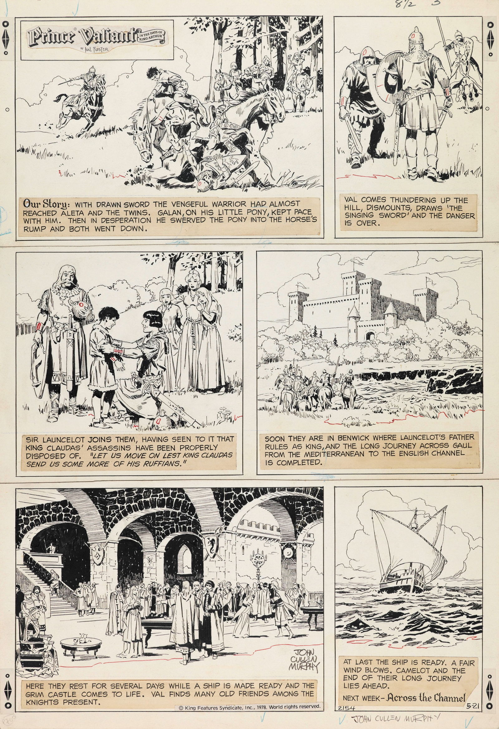 Cullen Murphy John - "Prince Valiant - Return to Camelot", 28631: Cullen Murphy John - "Prince Valiant - Return to Camelot", 28631 ITA matita e china su cartoncino36 x 52,5 cm Tavola domenicale n. 2154 del 21/05/1978 per "Prince Valiant". In questa