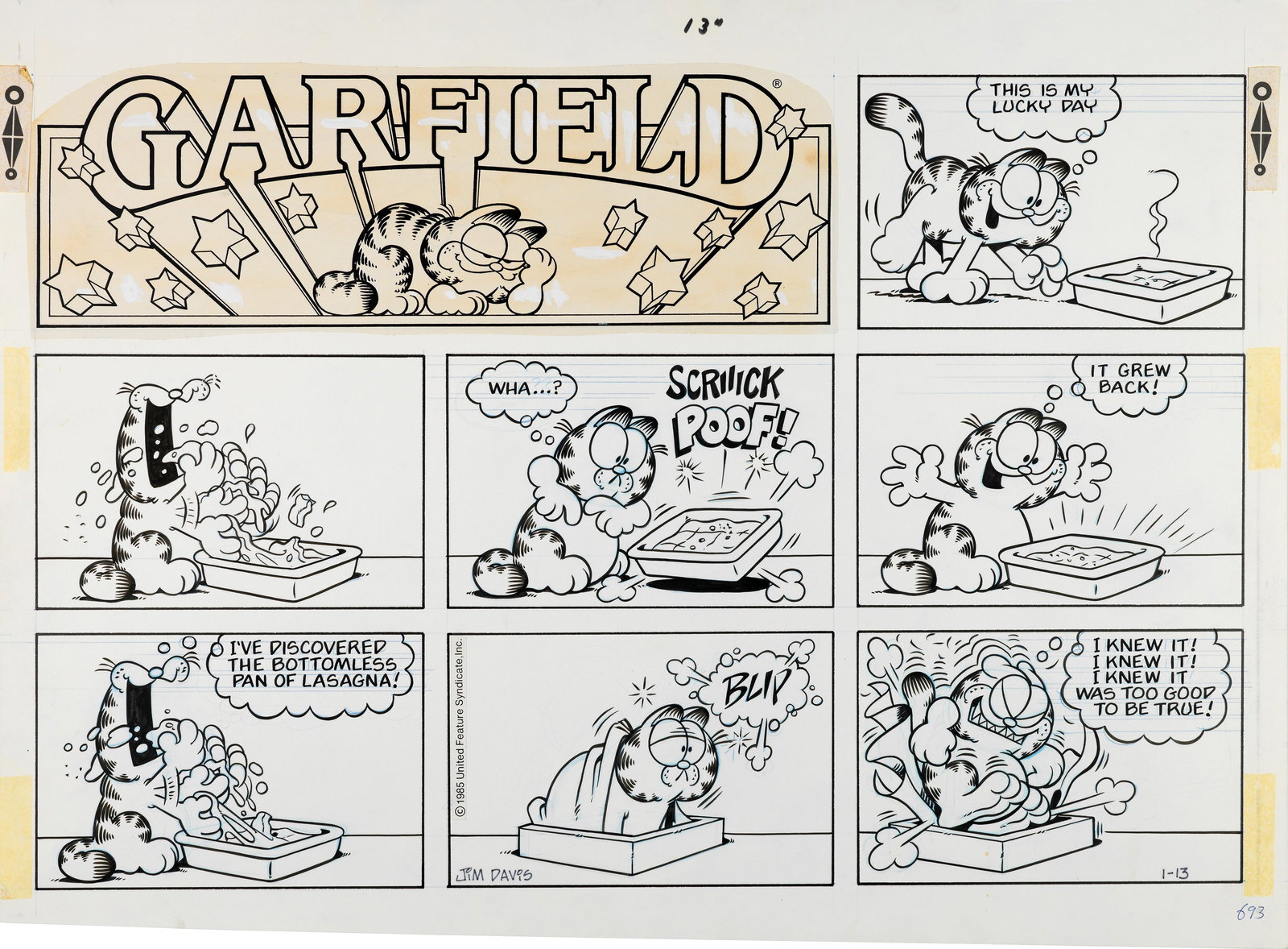 Davis Jim - "Garfield", 31060: Davis Jim - "Garfield", 31060 ITA pastello e china su cartoncino51 x 37,5 cm Tavola domenicale del 13/01/1985 per "Garfield".
