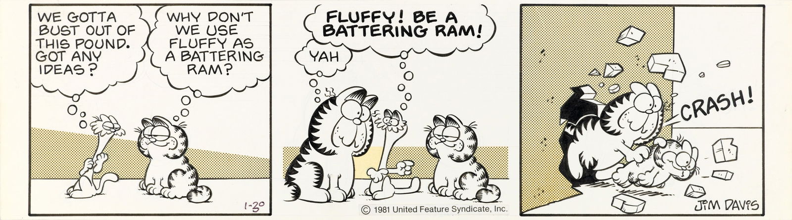 Davis Jim - "Garfield", 29616: Davis Jim - "Garfield", 29616 ITA matita, china e retino su cartoncino DC38,5 x 11 cm Striscia giornaliera del 30/01/1981 per "Garfield".