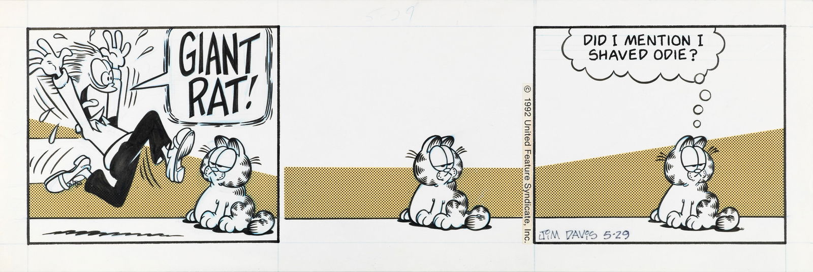 Davis Jim - "Garfield", 33753: Davis Jim - "Garfield", 33753 ITA matita, china e retino su cartoncino DC38 x 13 cm Striscia giornaliera del 29/05/1992 per "Garfield".