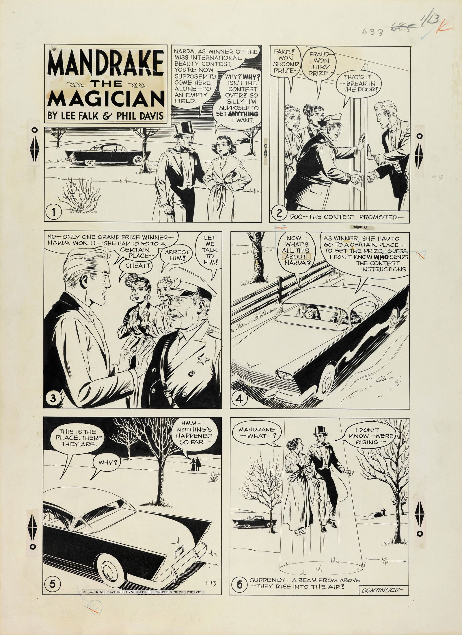 Davis Phil - "Mandrake the Magician", 20833: Davis Phil - "Mandrake the Magician", 20833 ITA matita e china su cartoncino45,5 x 63,5 cm Tavola domenicale del 13/01/1957 per "Mandrake the Magician". In questa elegante pagina