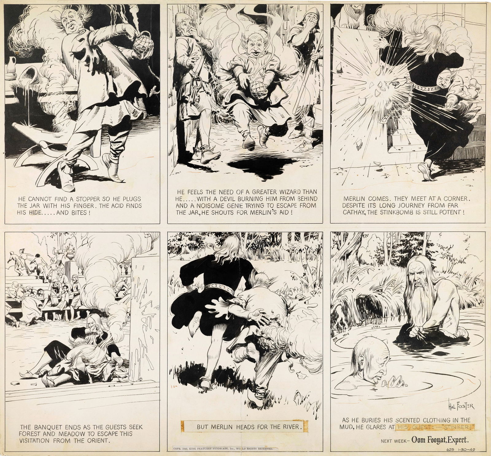 Foster Hal - "Prince Valiant - Black Magic in Wales", 17928: Foster Hal - "Prince Valiant - Black Magic in Wales", 17928 ITA matita e china su cartoncino63 x 58,5 cm Tavola domenicale n. 625 del 30/01/1949 per "Prince Valiant". In questa splend