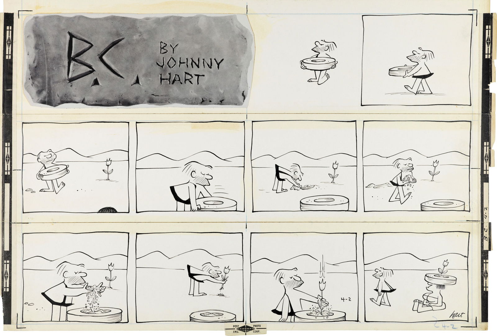 Hart Johnny - "B.C.", 22373: Hart Johnny - "B.C.", 22373 ITA matita e china su cartoncino53,5 x 36,5 cm Tavola domenicale del 02/04/1961 per "B.C.". Basata sulla vita di cavernicoli alle prese con problemi