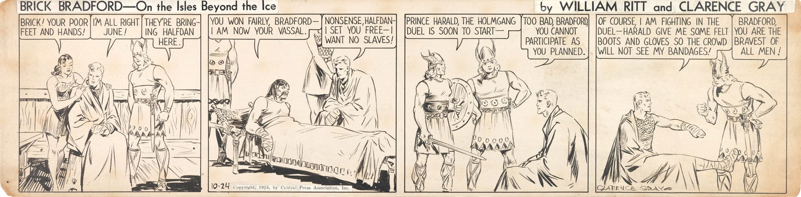 Gray Clarence - "Brick Bradford - On the Isles Beyond the Ice", 13081: Gray Clarence - "Brick Bradford - On the Isles Beyond the Ice", 13081 ITA matita e china su cartone65,5 x 16 cm Striscia giornaliera del 24/10/1935 per "Brick Bradford". Ideato nel