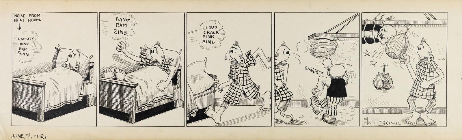 Hettinger Andy - "Amos Roach", 4549: Hettinger Andy - "Amos Roach", 4549 ITA matita e china su cartoncino61 x 19 cm Striscia giornaliera del 14/06/1912 per "Amos Roach". Lieve piega all‘angolo inferiore sinistro.