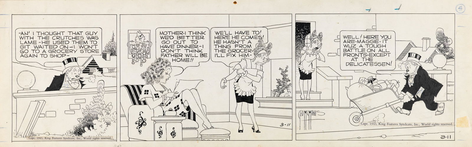 McManus George - "Bringing Up Father", 15776: McManus George - "Bringing Up Father", 15776 ITA matita e china su cartoncino49 x 15,5 cm Striscia giornaliera del 11/03/1943 per "Bringing Up Father". Elegante, raffinato,