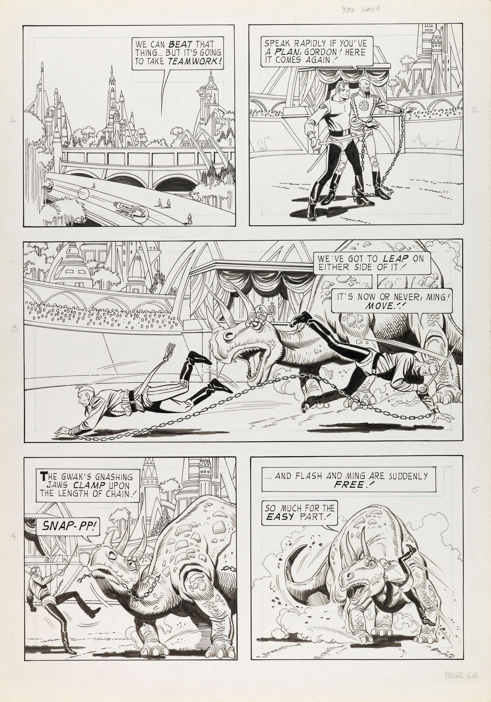 McWilliams Al - "Flash Gordon", anni ‘70: McWilliams Al - "Flash Gordon", anni ‘70 ITA matita e china su cartoncino35 x 50 cm Tavola originale realizzata da McWilliams durante gli anni ‘70 per la pag. 16 di