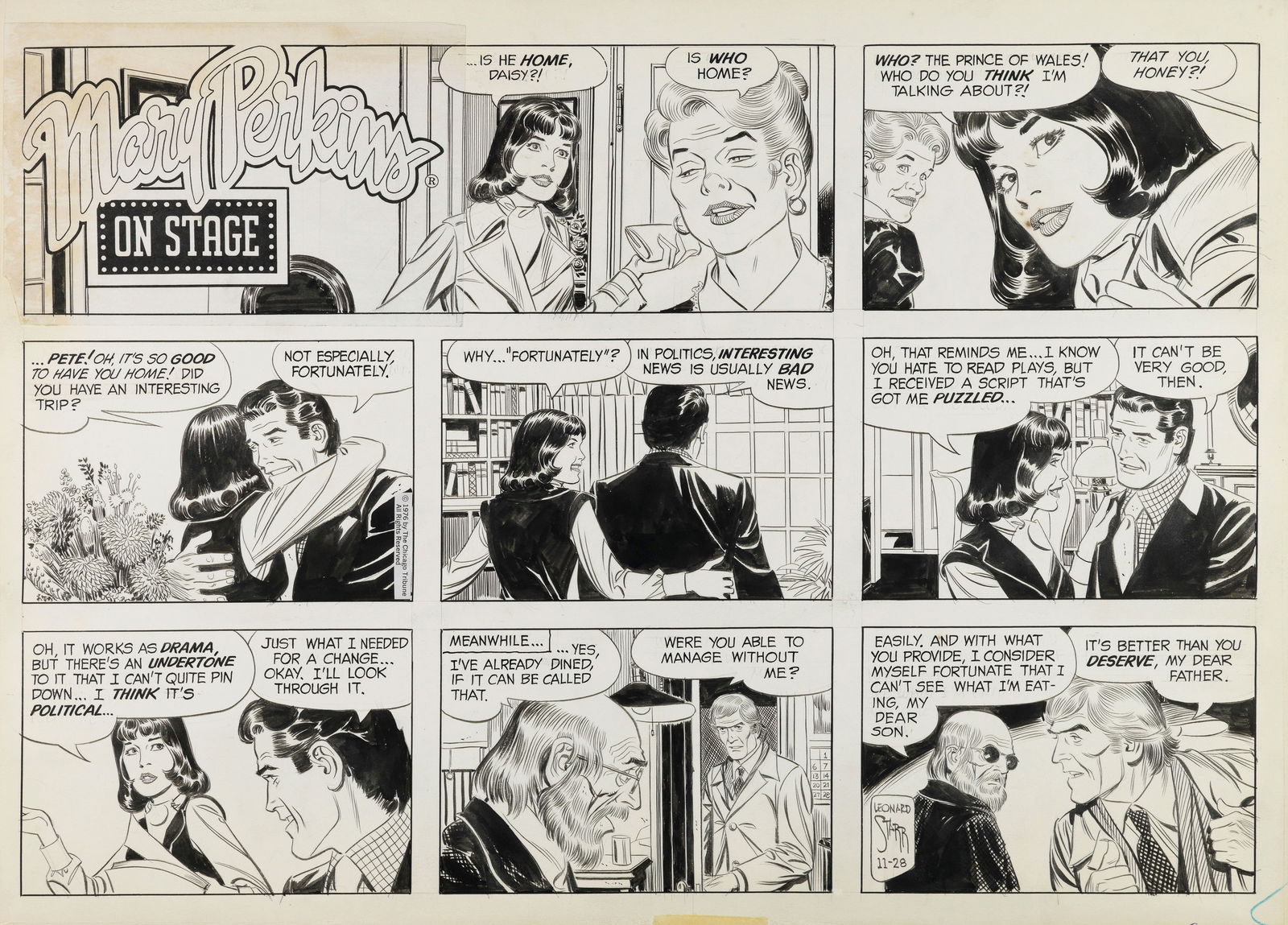 Starr Leonard - "On Stage", 28092: Starr Leonard - "On Stage", 28092 ITA matita e china su cartoncino55 x 40 cm Tavola domenicale del 28/11/1976 per "On Stage". La sceneggiatura di Starr mescola soap opera , avventura