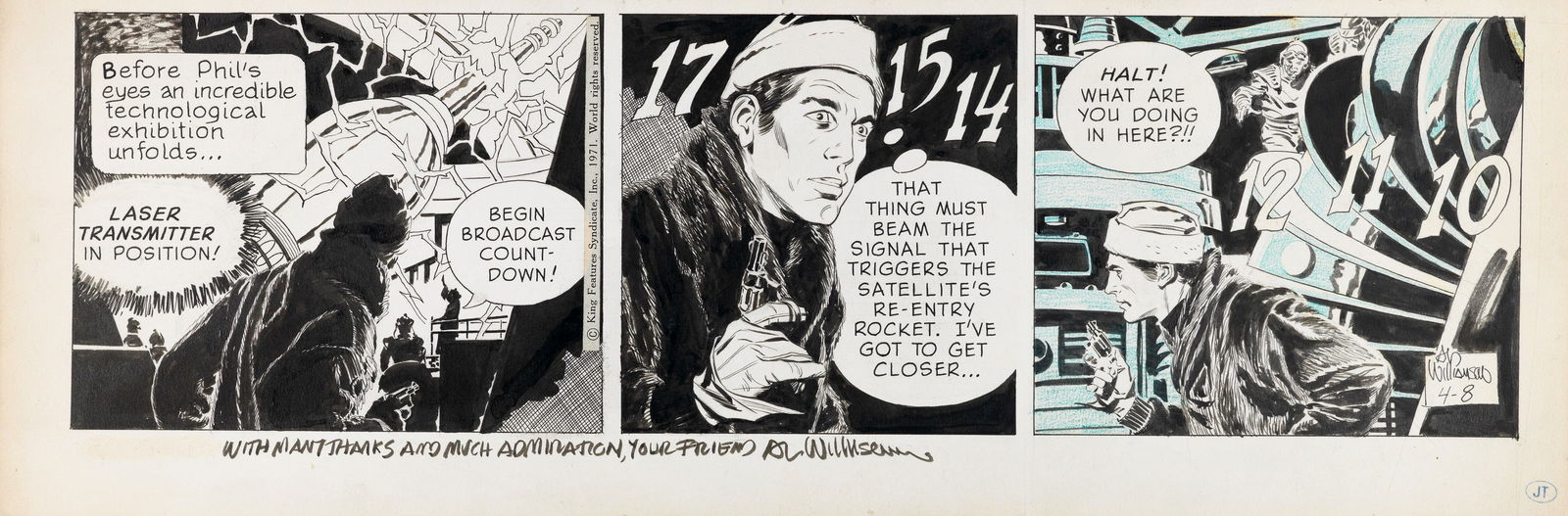 Williamson Al - "Secret Agent Corrigan", 26031: Williamson Al - "Secret Agent Corrigan", 26031 ITA matita, pastello e china su cartoncino52 x 17,5 cm Striscia giornaliera del 08/04/1971 per "Secret Agent Corrigan". Piega verticale