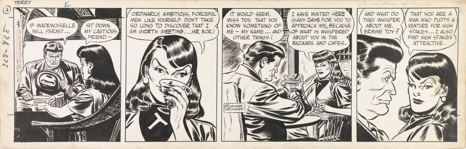 Wunder George - "Terry and the Pirates - A meeting of minds", 17260: Wunder George - "Terry and the Pirates - A meeting of minds", 17260 ITA matita e china su cartoncino58 x 18,5 cm Striscia giornaliera del 03/04/1947 per "Terry and the Pirates".