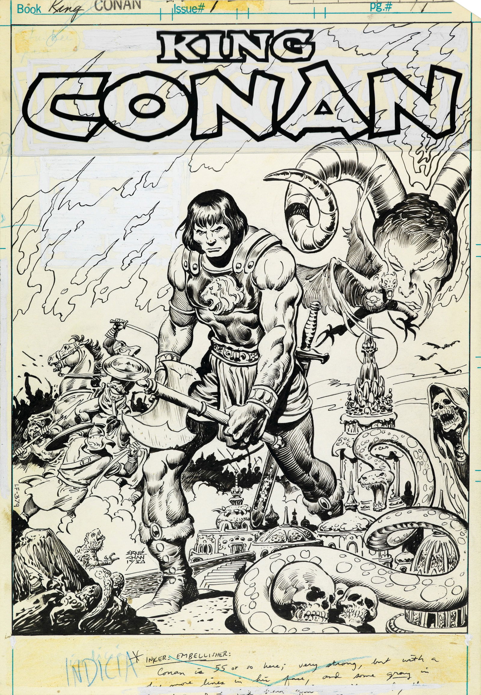 Buscema John - "King Conan n. 1", 1980: Buscema John - "King Conan n. 1", 1980 ITA matita e china su cartoncino27 x 39 cm Title page originale realizzata da Buscema per King Conan n. 1, edita dalla Marvel nel 1980. Opera utilizzata