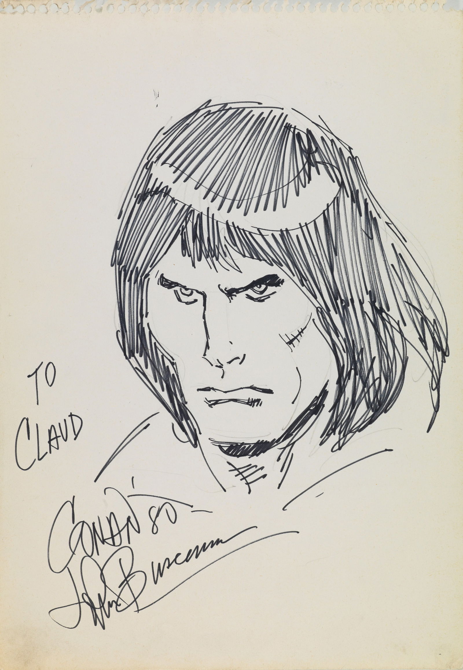 Buscema John - "Conan", 1980: Buscema John - "Conan", 1980 ITA matita e china su carta21 x 29 cm Firmato, datato e dedicato.________________________________________________________________ENG pencil and ink on paper.