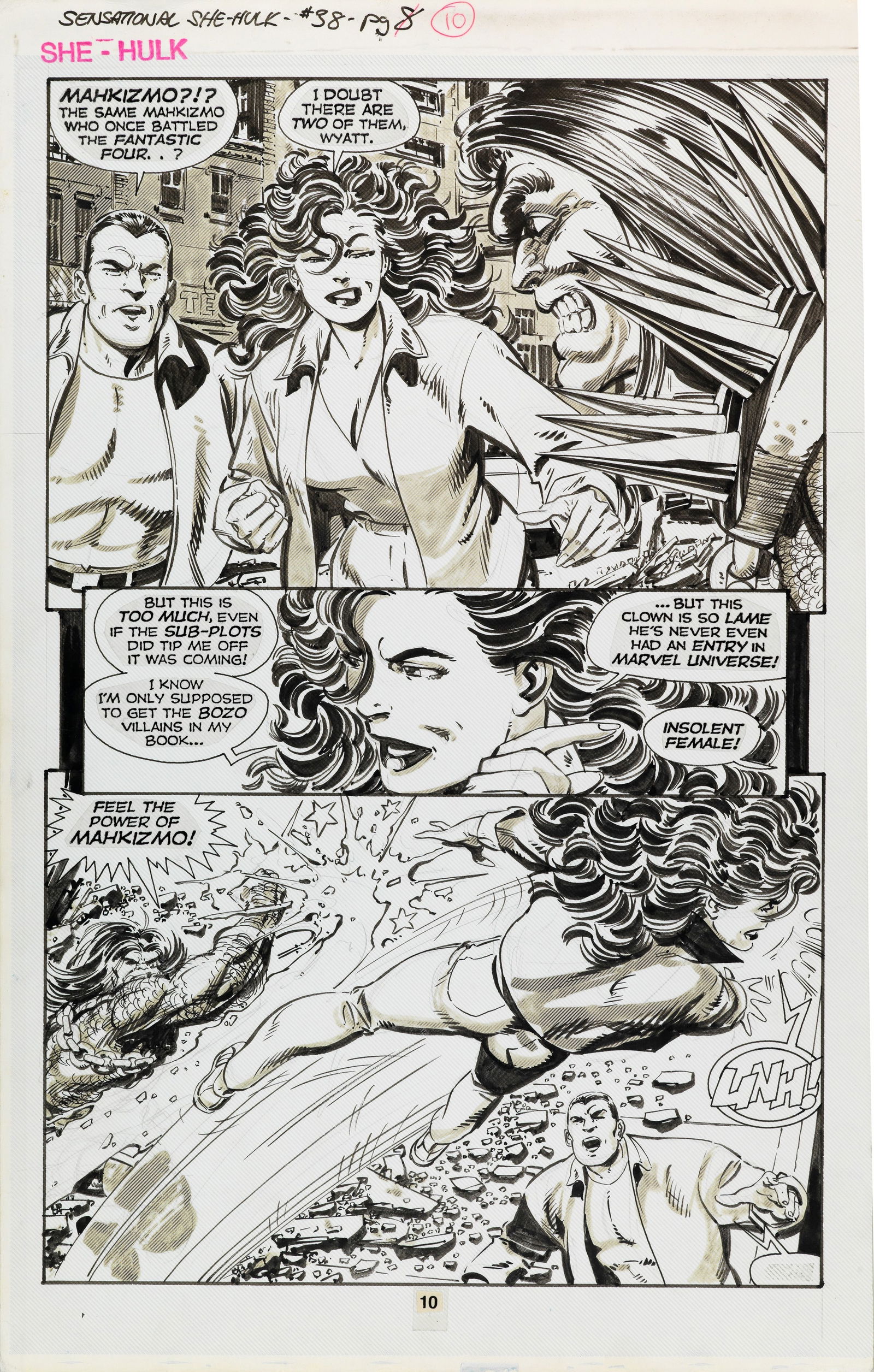 Byrne John - "Sensational She-Hulk - Love In Bloom", 1992: Byrne John - "Sensational She-Hulk - Love In Bloom", 1992 ITA matita e china su cartoncino Duotone28 x 44,5 cm Tavola originale realizzata da Byrne per "Love In Bloom", edita su