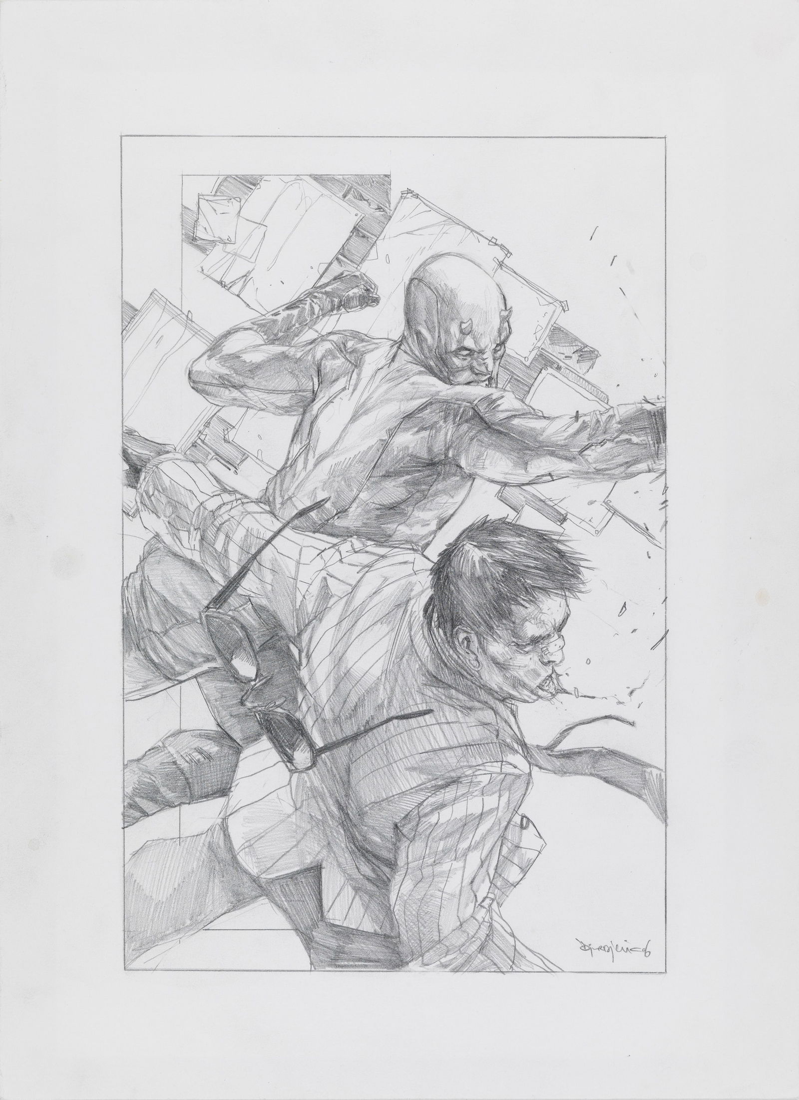 Djurdjevic Marko - "Daredevil n. 96", 2006: Djurdjevic Marko - "Daredevil n. 96", 2006 ITA matita su cartoncino25 x 34 cm Originale di copertina realizzato da Djurdjevic per "Daredevil" n. 96, edito dalla Marvel nel 2007. LR