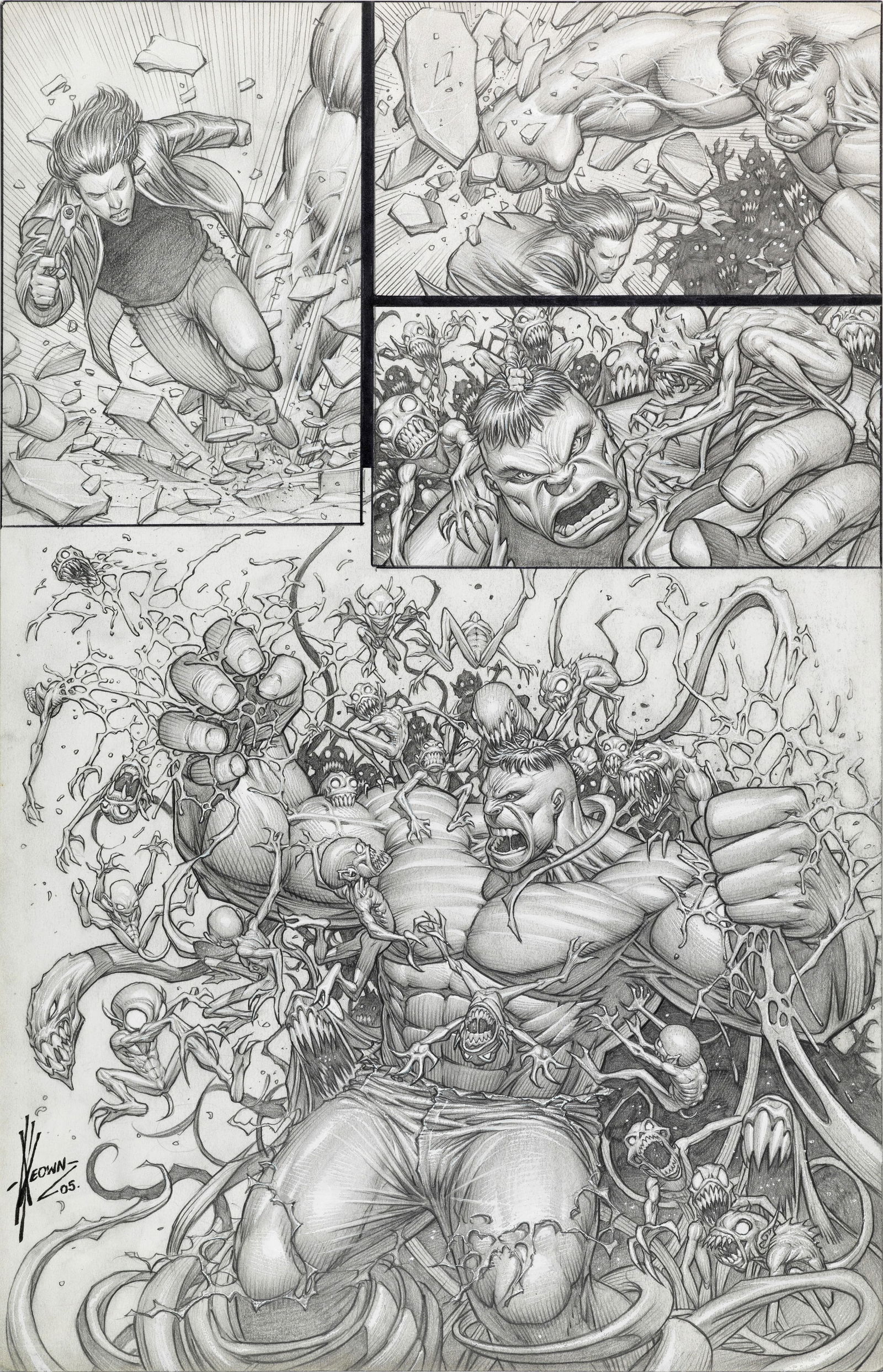 Keown Dale - "The Darkness Vs The Incredible Hulk", 2004: Keown Dale - "The Darkness Vs The Incredible Hulk", 2004 ITA matita su cartoncino28 x 43 cm Tavola originale realizzata da Keown per il volume "The Darkness Vs The Incredible Hulk", e