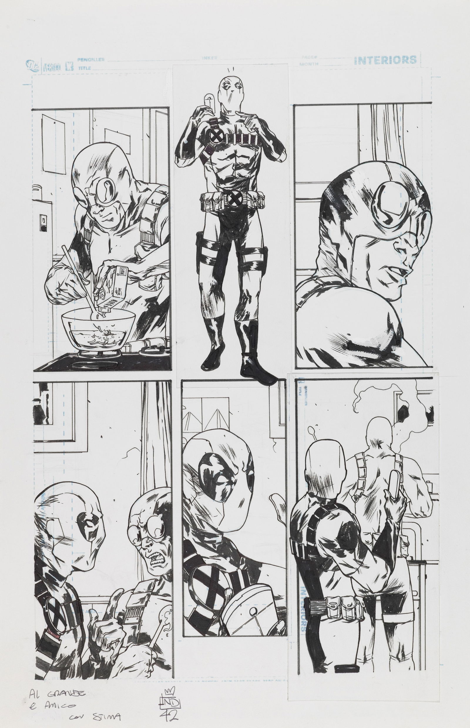 Landini Stefano - "Deadpool", 2012: Landini Stefano - "Deadpool", 2012 ITA matita e china su cartoncino DC28 x 43,5 cm Tavola originale realizzata da Landini per un‘avventura di Deadpool. Firmata e