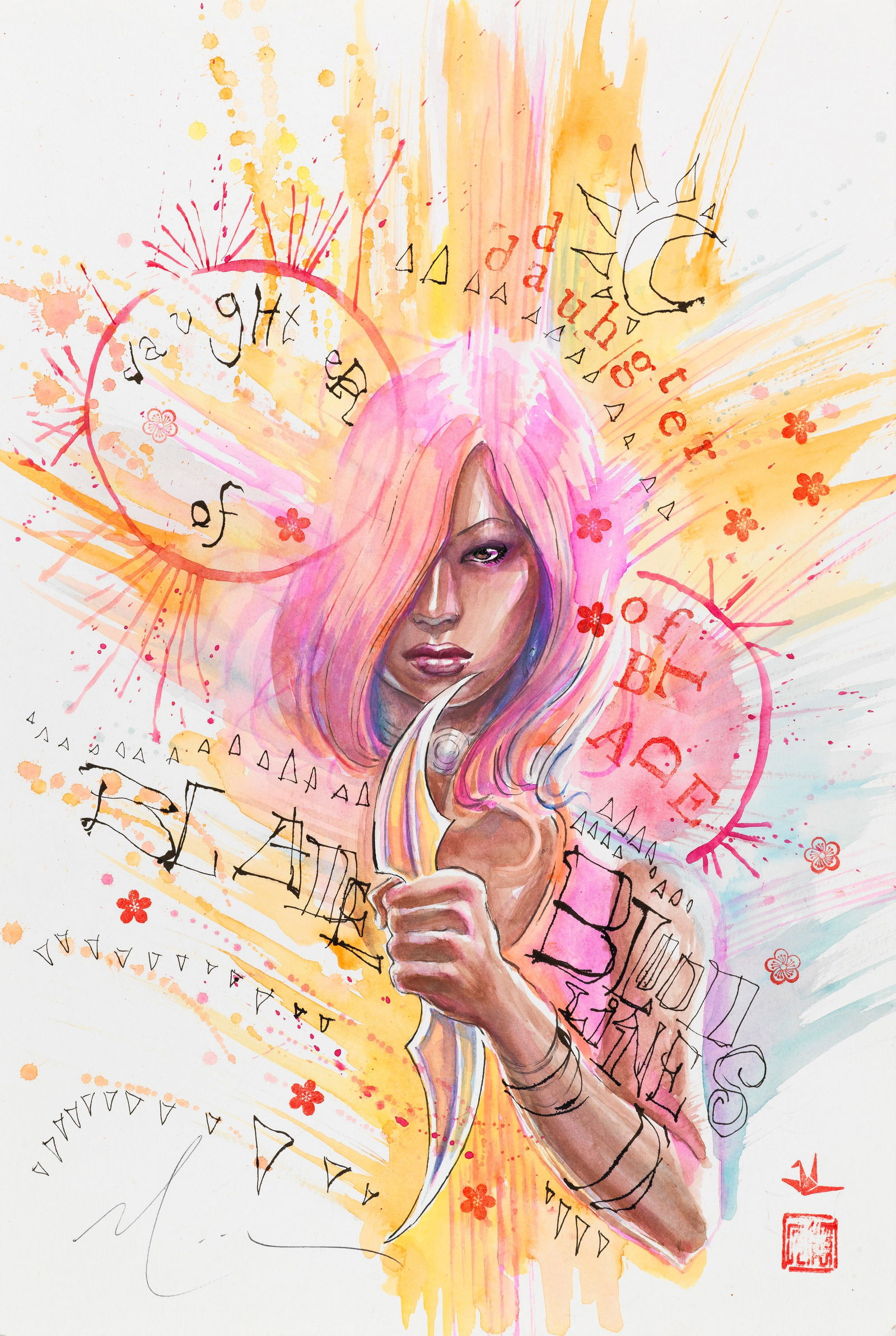 Mack David - "Bloodline: Daughter of Blade", 2023: Mack David - "Bloodline: Daughter of Blade", 2023 ITA matita, china e acquerello su cartoncino30,5 x 45,5 cm Originale di copertina realizzato da Mack per Bloodline: Daughter of Blade n. 4, e