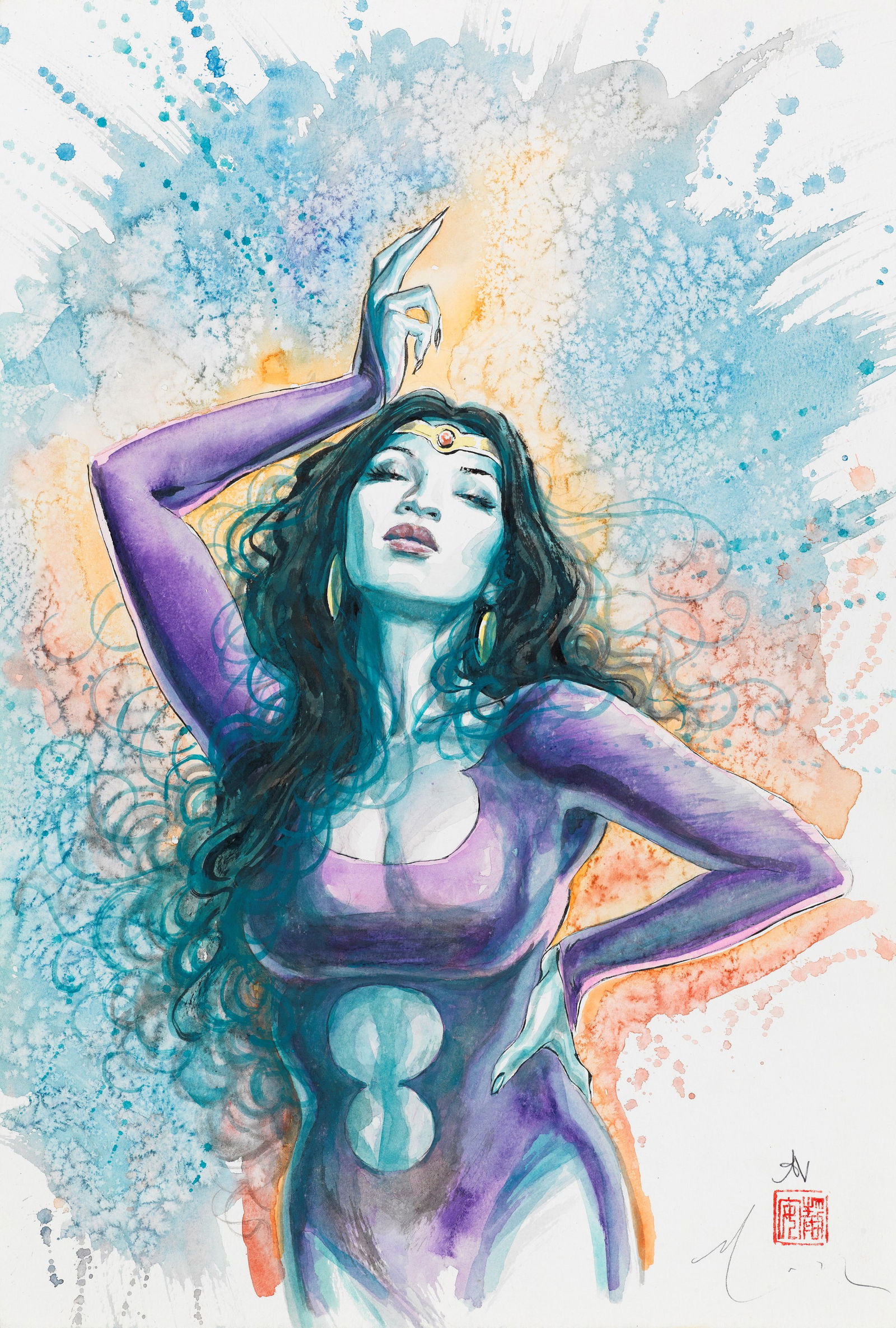 Mack David - "Darkling", 2023: Mack David - "Darkling", 2023 ITA matita, china e acquerello su cartoncino30,5 x 45,5 cm Originale di copertina realizzato da Mack per Darkling n. 1, edito dalla Archie nel 2023. Firmato e ti