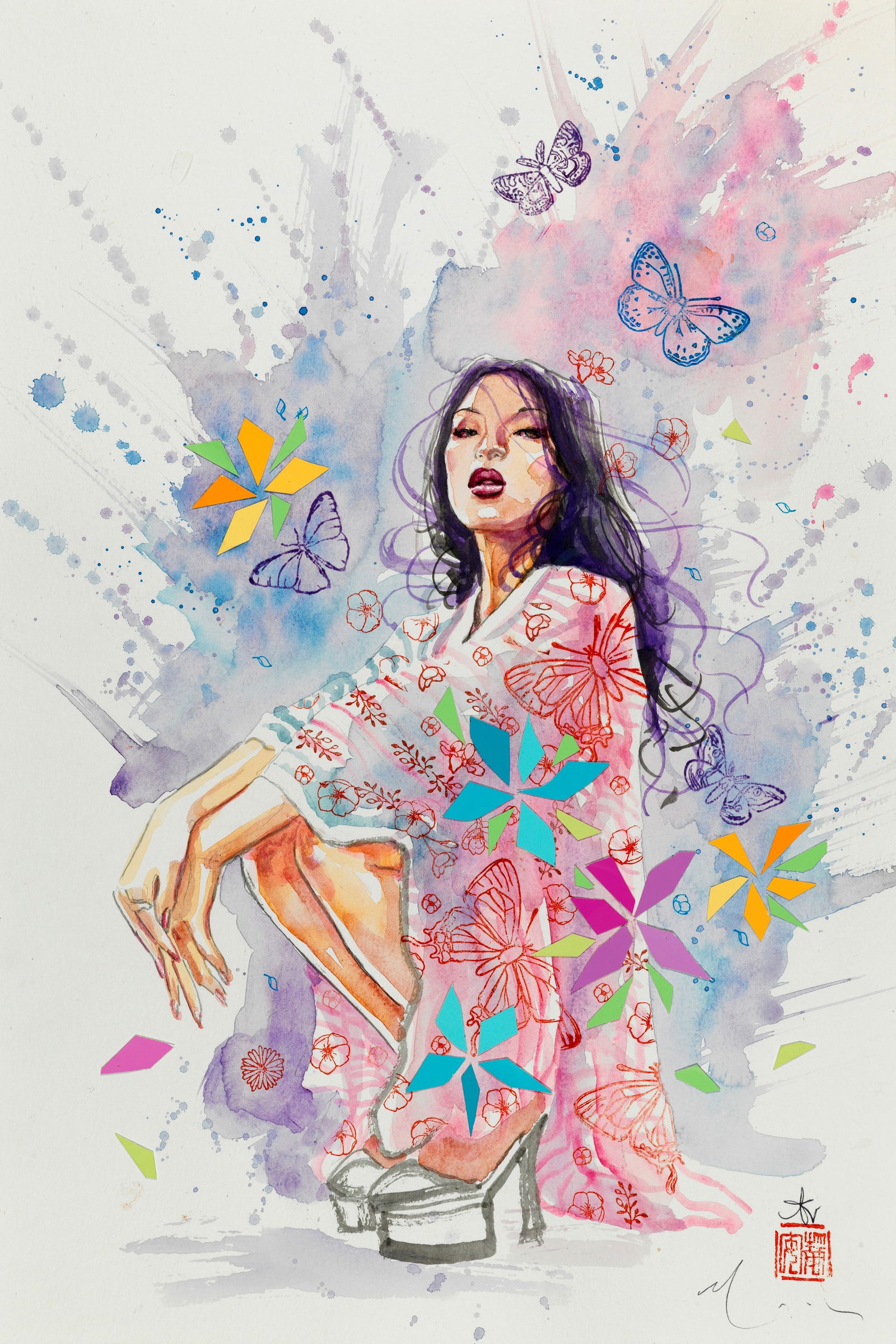 Mack David - "Kabuki", anni 2020: Mack David - "Kabuki", anni 2020 ITA acquerello e collage su cartoncino30,5 x 45,5 cm Illustrazione originale realizzata da Mack in occasione del trentesimo anniversario della sua celebre