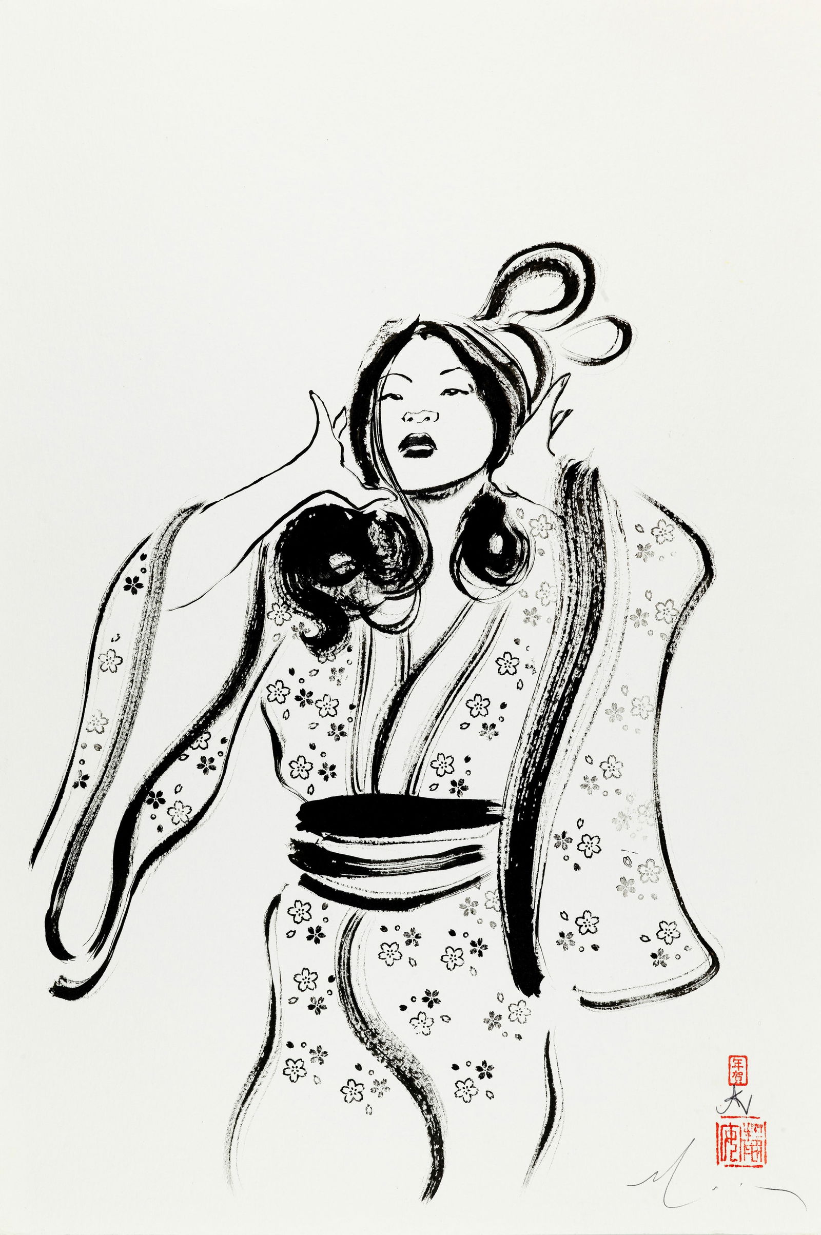 Mack David - "Kabuki - Geisha", anni 2020: Mack David - "Kabuki - Geisha", anni 2020 ITA china su cartoncino30,5 x 45,5 cm Disegno originale realizzato da Mack in occasione del trentesimo anniversario della sua celebre serie a