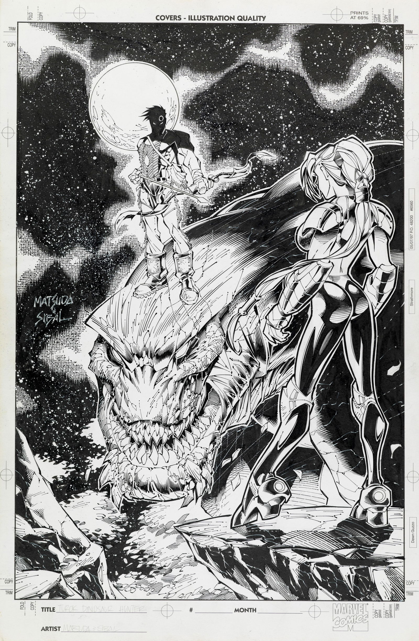 Jeff Matsuda & Jon Sibal - "Turok Dinosaur Hunter", 1998: Jeff Matsuda & Jon Sibal - "Turok Dinosaur Hunter", 1998 ITA matita e china su cartoncino Marvel28 x 43 cm Originale di copertina realizzato da Matsuda e Sibal per la serie "Turok"