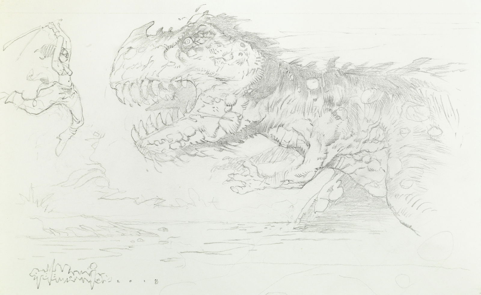 Mannion Steve - "Dino Vs Girl", 2018: Mannion Steve - "Dino Vs Girl", 2018 ITA matita su cartoncino28 x 17,5 cm Firmato e datato.________________________________________________________________ENG pencil on thin cardboard.