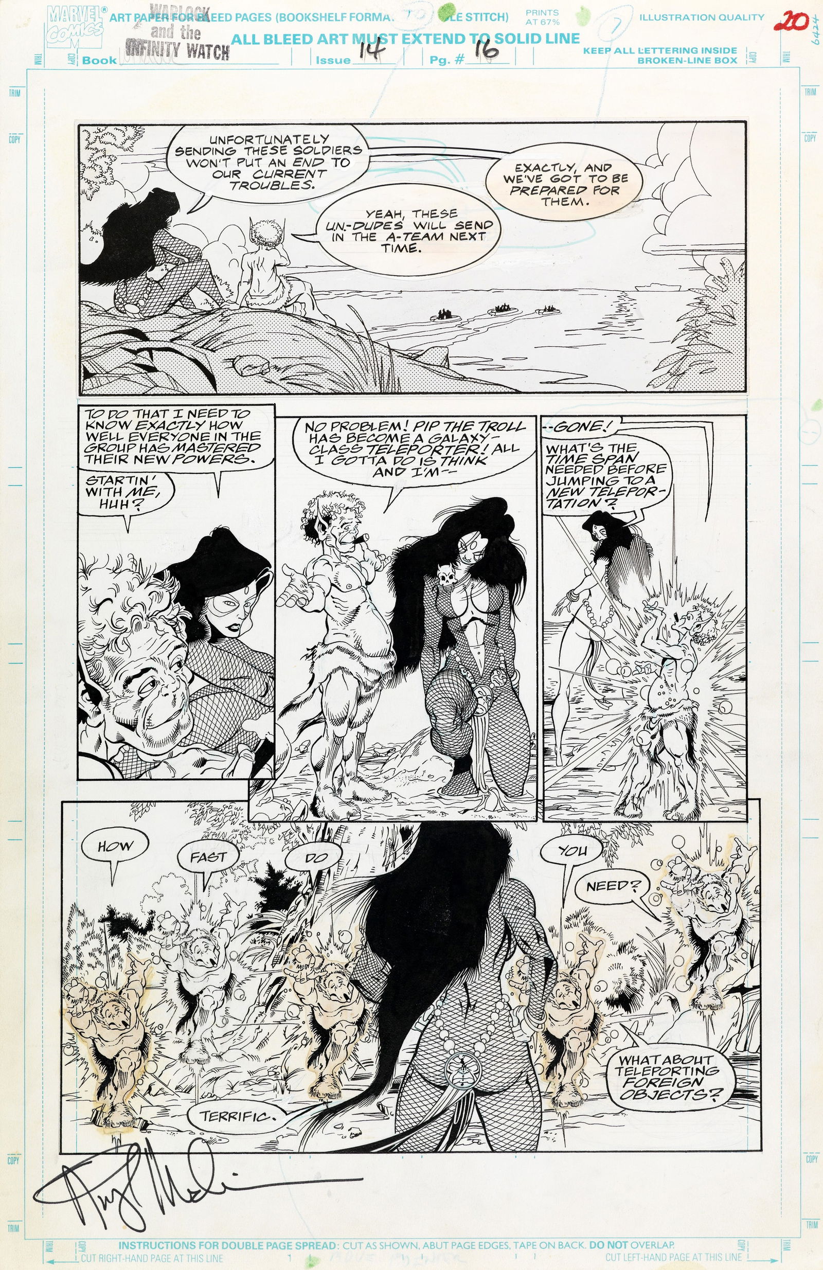 Medina Angel - "Warlock and the Infinity Watch - Strange Encounters", 1993: Medina Angel - "Warlock and the Infinity Watch - Strange Encounters", 1993 ITA matita, china, retino e collage su cartoncino Marvel28,5 x 43,5 cm Tavola originale realizzata da Medina per