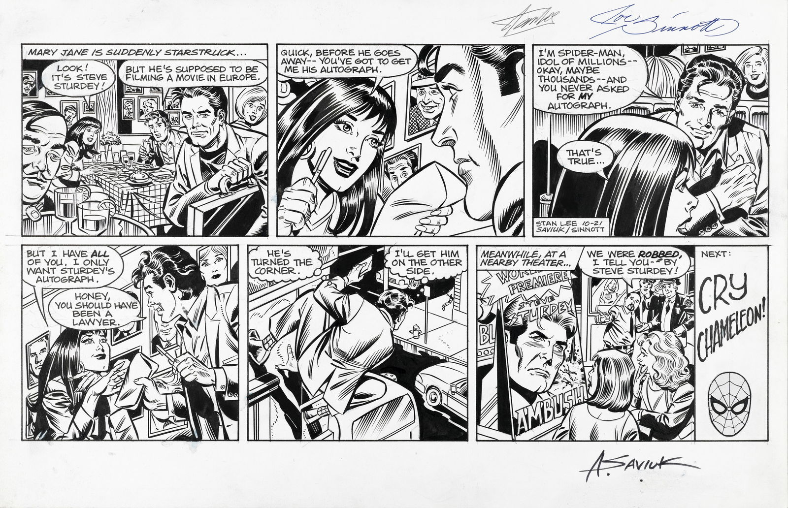 Saviuk Alex & Sinnott Joe - "Amazing Spider-Man", 37185: Saviuk Alex & Sinnott Joe - "Amazing Spider-Man", 37185 ITA matita e china su cartoncino43 x 28 cm Tavola domenicale del 21/10/2001 realizzata da Saviuk e Sinnott per "Amazing Spider-