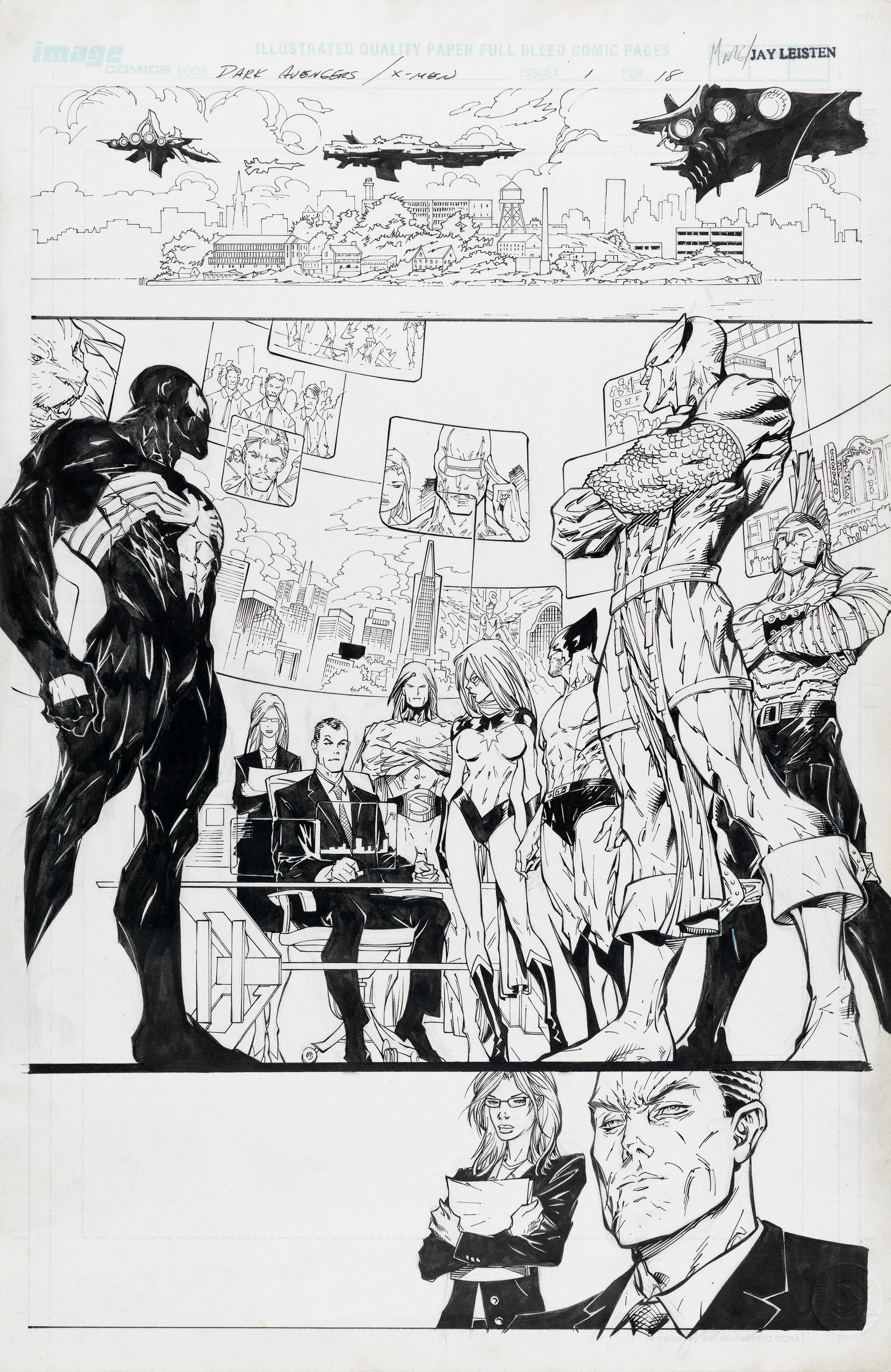 Silvestri Marc - "Dark Avengers/Uncanny X-Men: Utopia", 2009: Silvestri Marc - "Dark Avengers/Uncanny X-Men: Utopia", 2009 ITA matita e china su cartoncino28 x 43 cm Tavola originale realizzata da Silvestri per il volume "Dark Avengers/Uncanny X-Men