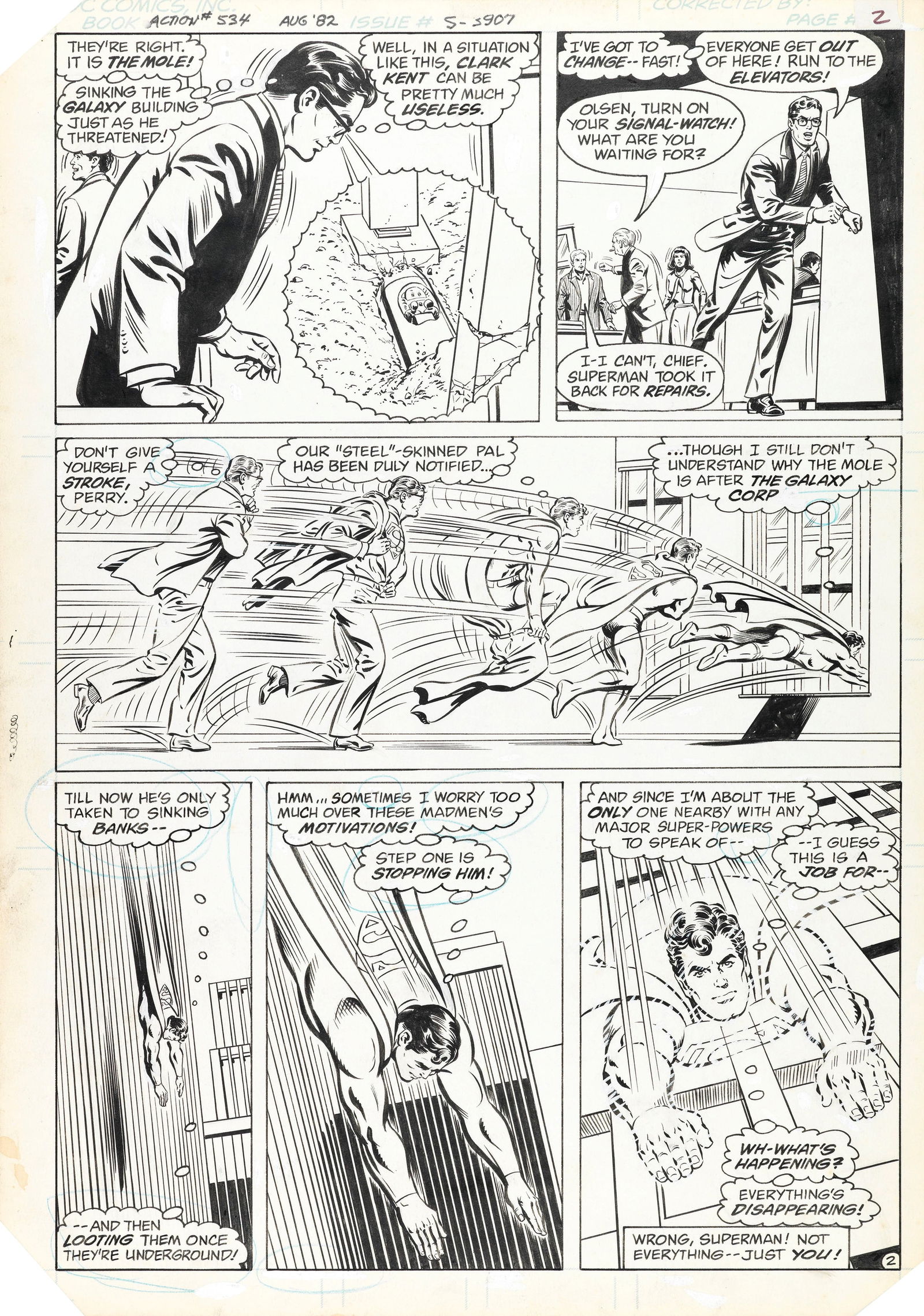 Swan Curt - "Action Comics - Superman: Two for the Death of One!", 1982: Swan Curt - "Action Comics - Superman: Two for the Death of One!", 1982 ITA matita e china su cartoncino DC28 x 40,5 cm Tavola originale realizzata da Swan per "Superman: Two for the Deat