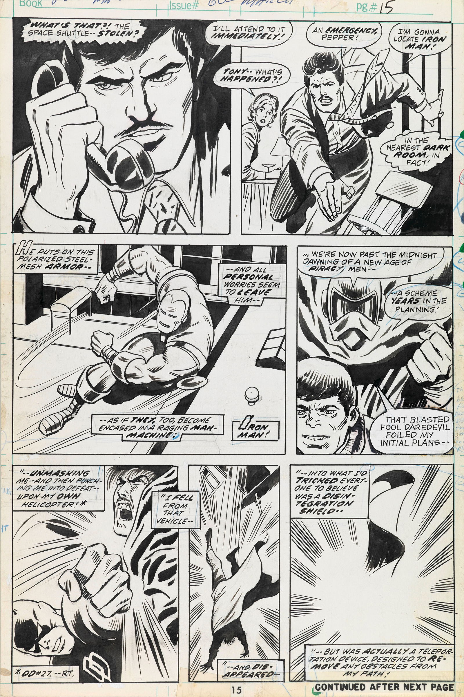 Tuska George - "Iron Man - Cry Marauder!", 1973: Tuska George - "Iron Man - Cry Marauder!", 1973 ITA matita e china su cartoncino Marvel27 x 40 cm Tavola originale realizzata da Tuska per "Cry Marauder!", edita su Iron Man n. 60 a