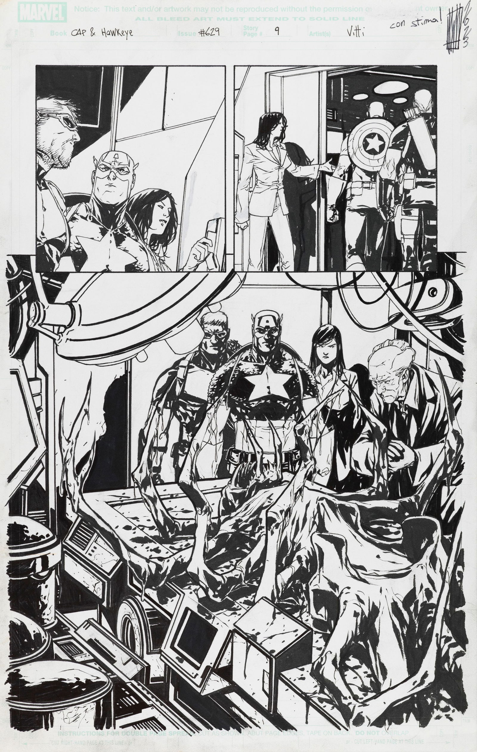 Vitti Alessandro - "Captain America and Hawkeye", 2012: Vitti Alessandro - "Captain America and Hawkeye", 2012 ITA matita e china su cartoncino Marvel28 x 44 cm Tavola originale realizzata da Vitti per Captain America and Hawkeye n. 629, edita a p