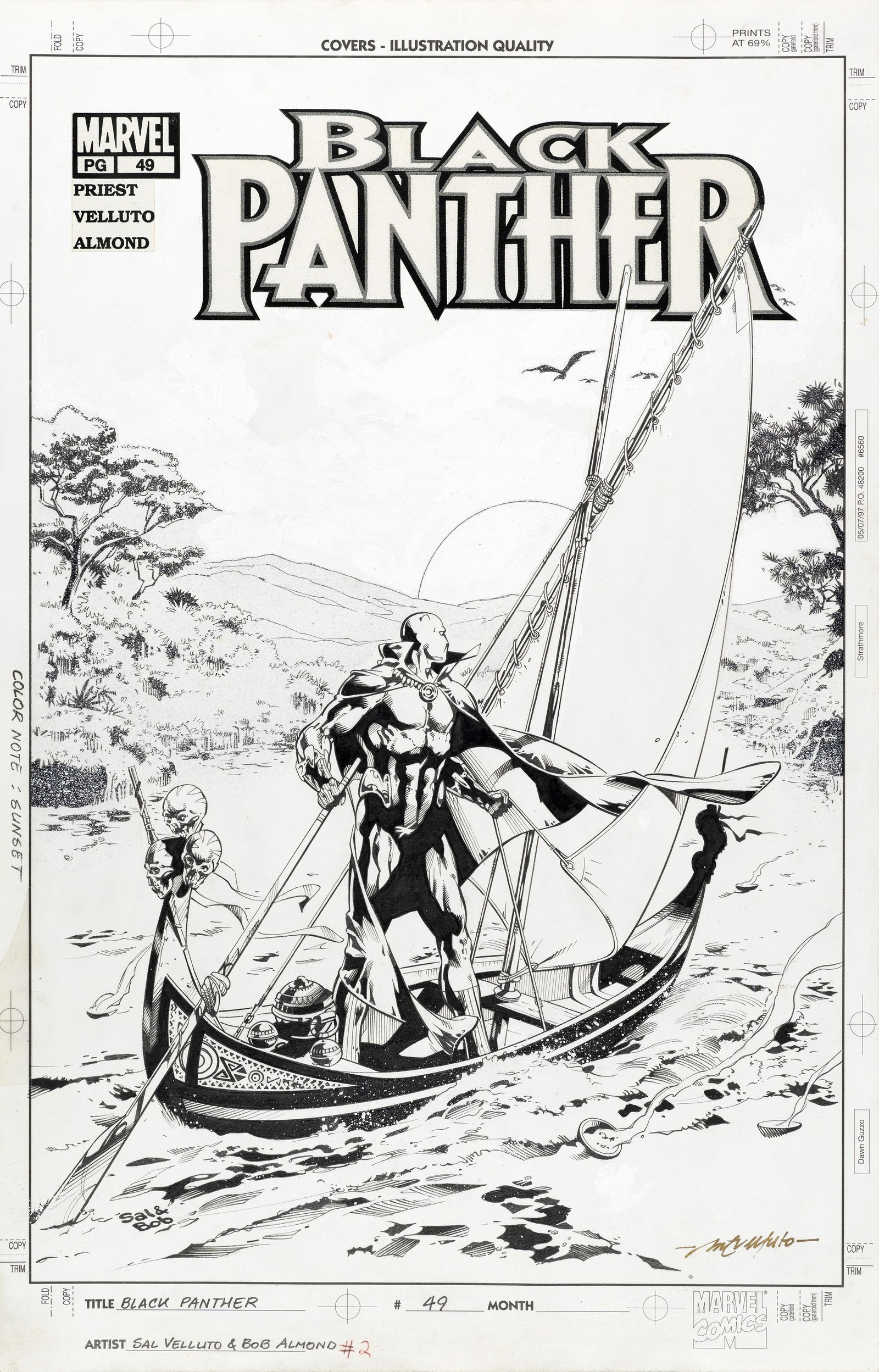 Velluto Sal - "Black Panther n. 49", 2002: Velluto Sal - "Black Panther n. 49", 2002 ITA matita, china e biacca su cartoncino Marvel28 x 43 cm Originale di copertina realizzato da Velluto per Black Panther n. 49, edito dalla Marvel ne