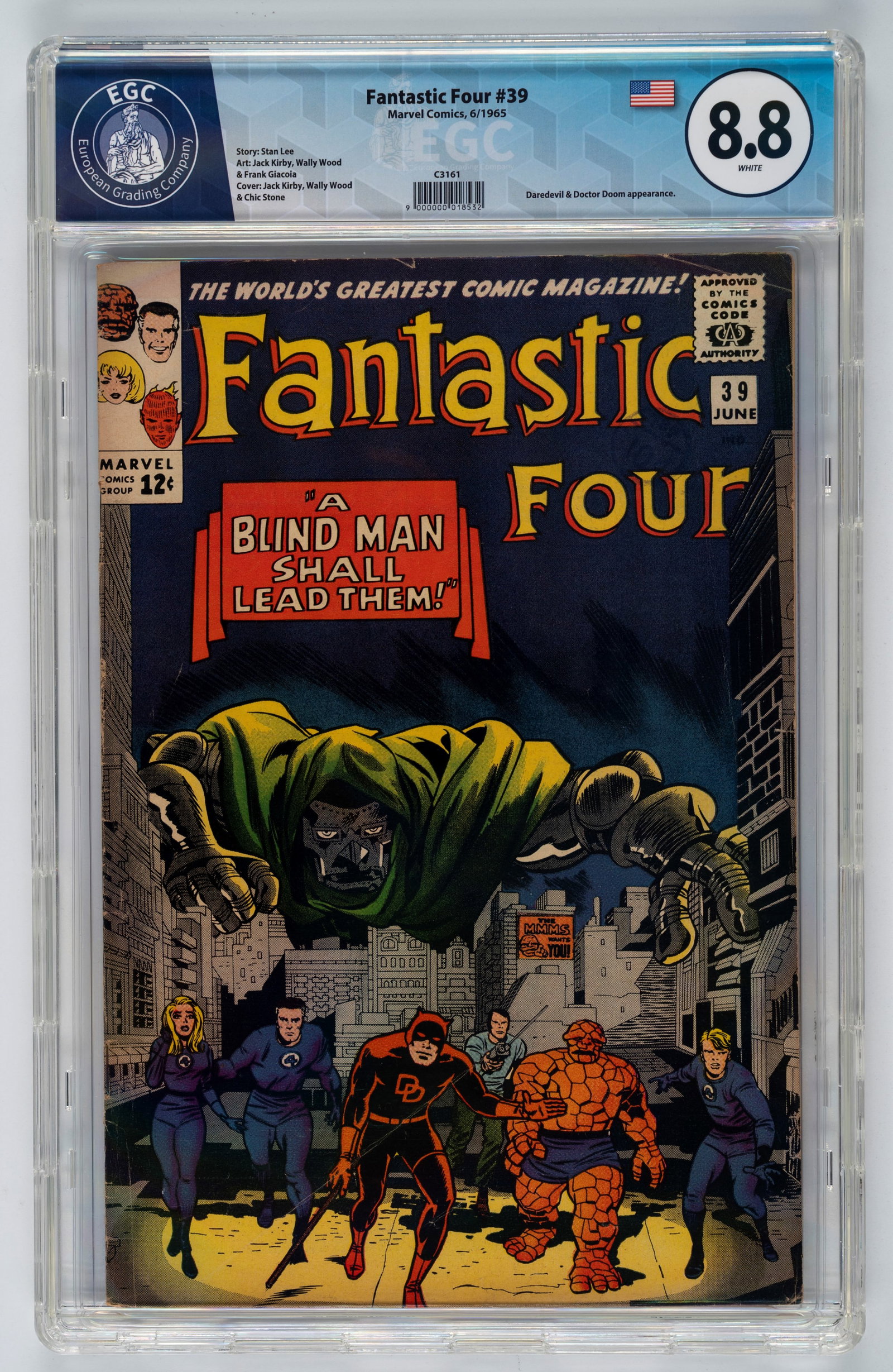Marvel Comics - Fantastic Four #39 - 8.8 EGC, May 1965: Cover by Jack Kirby (pencils) and inks by Chic Stone and Wally Wood (on the Daredevil figure), with text by Stan Lee and interior inks by Frank Giacoia (signed Frank Ray) and Wally Wood (on the Matt M